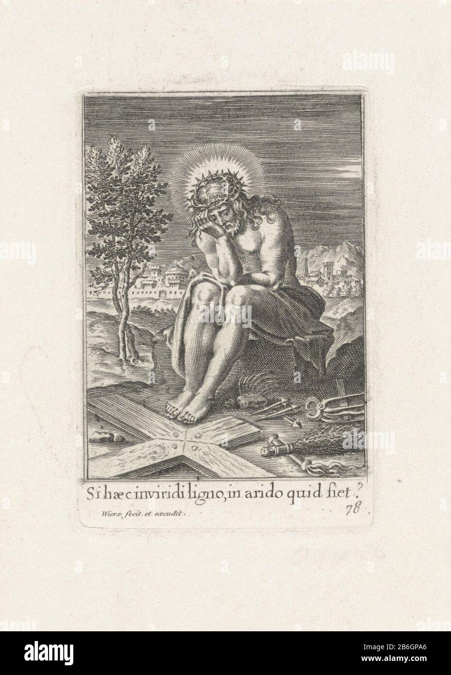 Christ on the cold stone Pensive Christ sits huddled on a rock next to the cross in anticipation of his crucifixion. At his feet lie the Arma Christi. In the background a view of Jerusalem. In the margin of a caption in Latin. Bottom right numbered 78. Manufacturer : printmaker Who: rix (listed building) publisher: Wierix (listed property) Place manufacture: Antwerp Date: 1563 - for 1619 and / or 1800 - 1900 Physical features: car material: paper Technique: engra (printing process ) Measurements: plate edge: h 84 mm × 56 b mm Subject: Christ in agony waiting to be crucified; he is sitting on o Stock Photo