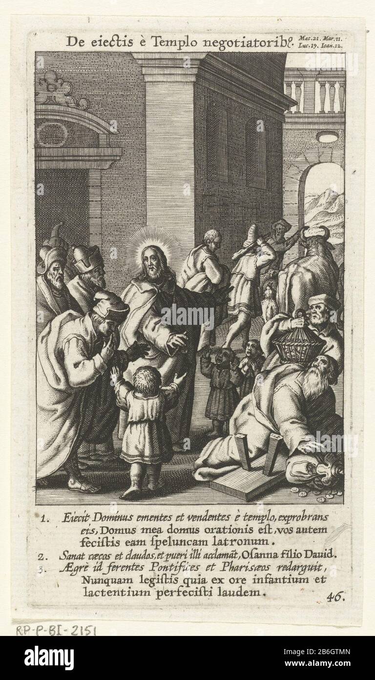 Christ expels the money changers from the tempelDe eiectis è Templo negotiatorib (title object) Vitae passionis et mortis Jesu Christ (series title) Object Type: picture book illustration Serial No: 46 / 76Objectnummer: RP-P-BI-2151Catalogusreferentie: Hollstein Dutch 55 Inscriptions / Brands: collector's mark, lower left verso, stamped: Lugt 240 Manufacturer : printmaker: Boëtius Adamsz. Bolswertnaar own design: Boëtius Adamsz. Bolswertuitgever: Hendrik Aertssens Place manufacture: Antwerpen Date: 1590 - 1622 and / or 1622 Physical characteristics: engra material: paper Technique: engra (prin Stock Photo