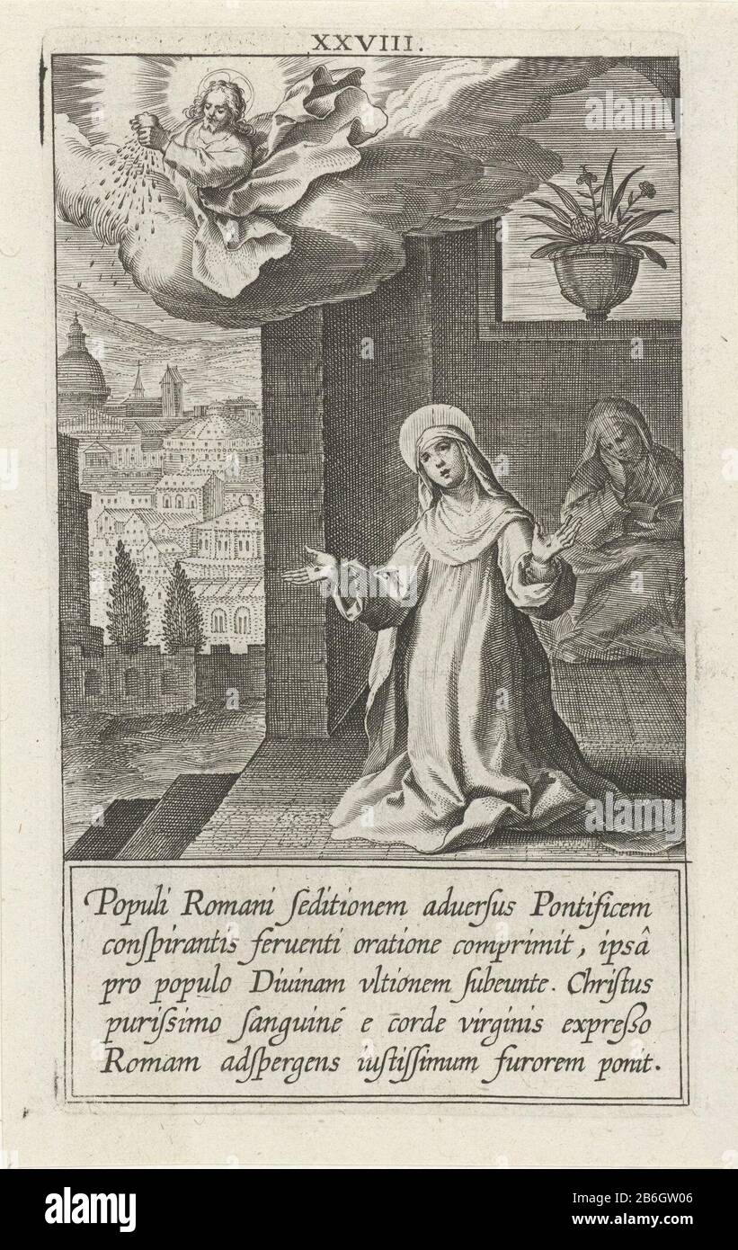 Christ shed his blood on the city of Rome Life of Catherine of Siena H (series title) Catherine stands and prays in a house in Rome. Christ on a cloud pressing blood from his heart and sprinkled the people of Rome with it. Part of a series on Catherine of Siena comprising a frontispiece, a portrait and 32 numbered scenes from her leven. Manufacturer : printmaker Cornelis Galle (I) Publisher: Philips Gall Place manufacture: printmaker: Southern Netherlands Publisher: Antwerp Date: 1603 Physical features: car material: paper Technique: engra (printing process) Measurements: plate edge: h × 150 m Stock Photo