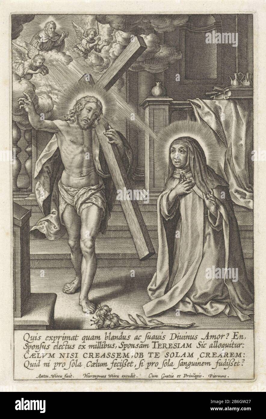 Christ appears to H Teresa of Avila The Avila Saint Teresa kneels in a church. At her feet is a lily. For her, Christ appeared, he carries his cross on his shoulder. In heaven, God the Father, flanked by angels. In the margin a four-line signature in Latijn. Manufacturer : printmaker Antonie Who: rix (III) (listed building) Publisher: Hieronymus Wierix (listed property) provider of privilege: Pieremans (listed property) Place manufacture: Antwerp Date: 1563 - for 1619 Physical characteristics: engra material: paper Technique: engra (printing process) Measurements: plate edge: h 137 mm × b 91 m Stock Photo