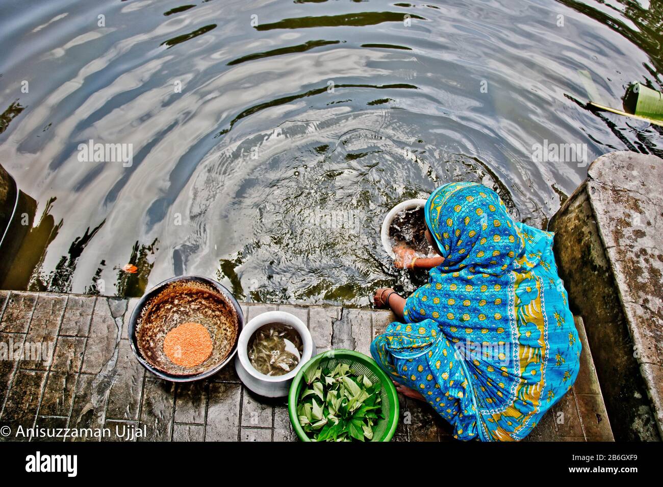 A Bangladeshi woman is washing dal, mola fish and green vegetables in her pond to clean them for cooking for her family . Stock Photo