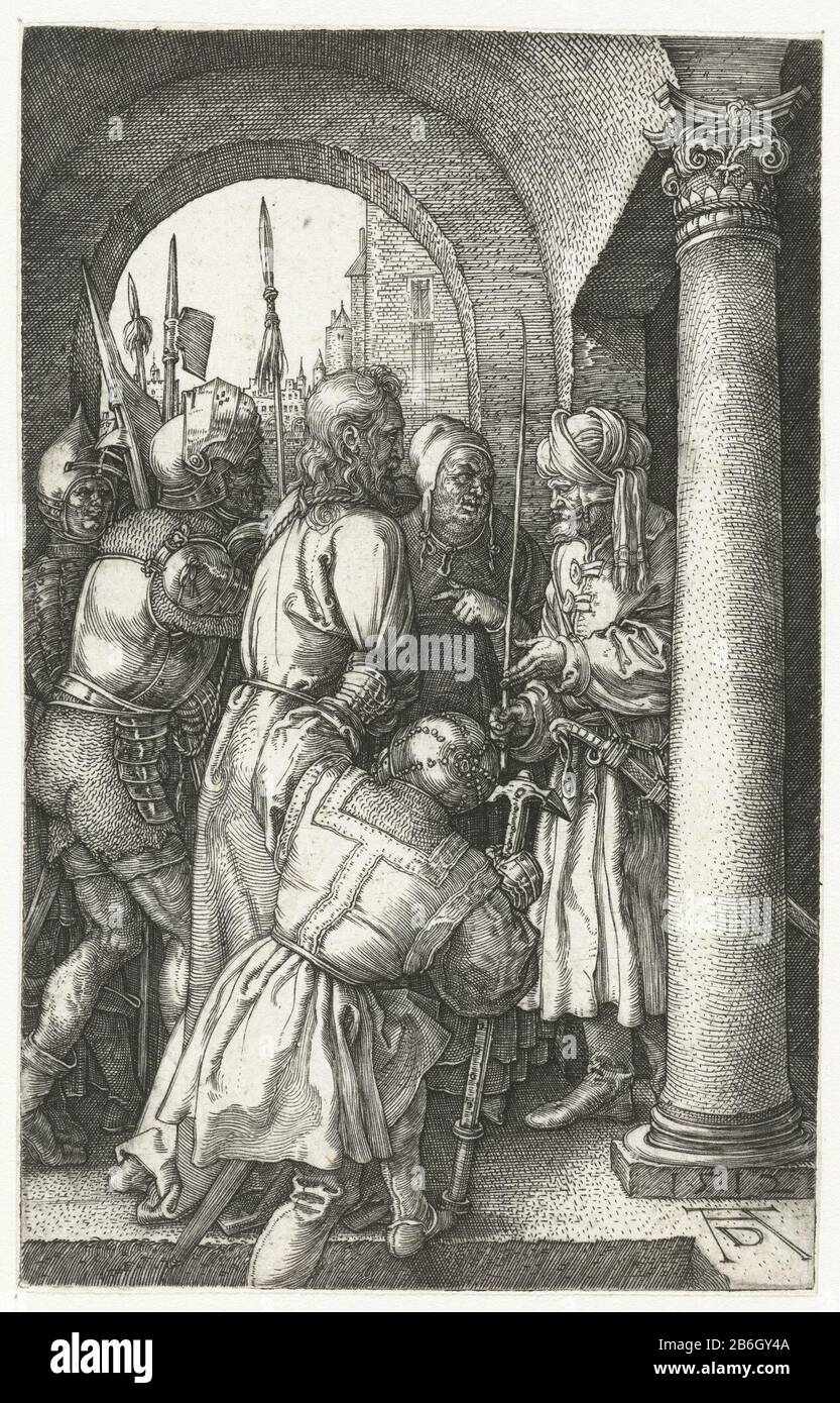 Christ before Pilate Engraved Passion (series title) Christ by armed men brought a man with a turban (Pilate). This print is part of a series of 16 prints depicting scenes from the Lijdensverhaal. Manufacturer : printmaker Albrecht Dürer (listed property) Place manufacture: Nuremberg Date: 1512 Physical features: car material: paper Technique: engra (printing process) Dimensions: sheet: H 118 mm × W 75 mm Subject: Christ before Pontius Pilate (Matthew 27: 11-26; Mark 15: 2-15; Luke 23: 2-7, 23: 13-25; John 18:28 to 19:16) Stock Photo