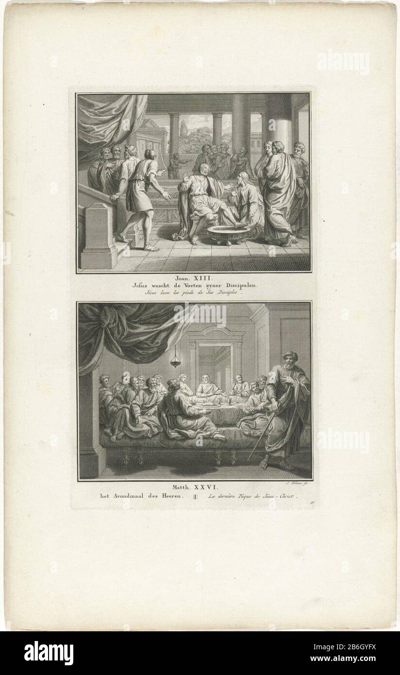 Christ washing the feet of the apostles and the Last Supper Two Bible stories from Joh. 13 and Mat. 26. Christ washes the feet of the apostles, and the Last Supper. Two performances of one plate, each with a title in Dutch and French. Fully numbered bottom right: 30 . Manufacturer : printmaker Jacob Folkema (listed building) publisher: Jan de Groot Publisher: Abraham Blussé & Son Place manufacture: Publisher: Amsterdam Publisher: Dordrecht Date: 1791 Physical features: etching material: paper Technique: etching Dimensions: plate edge: H 315 mm b × 185 mmToelichtingIllustratie out: Hamelsveld, Stock Photo