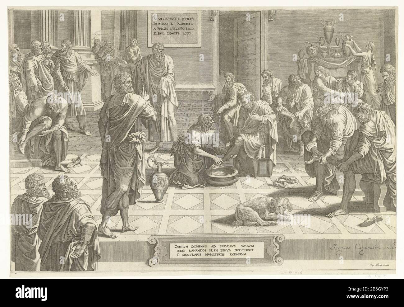 Christ washes the feet of the disciples Christ washing his disciples one by one foot. The disciples are not yet their turn were couches and chairs and take their shoes uit. Manufacturer : printmaker: anonymous to print by Hans Collaert (I) (attributed to) design by: Lambert Lombard Publisher: Jacobus Carpentier (listed object ) publisher Hugo Allard (I) (listed building) Place manufacture: to design: Liege Publisher: Amsterdam Publisher: Amsterdam Date: ca. 1640 - ca. 1684 Physical features: car material: paper Technique: engra (printing process) Dimensions: sheet: h 365 mm × W 525 mm Subject: Stock Photo