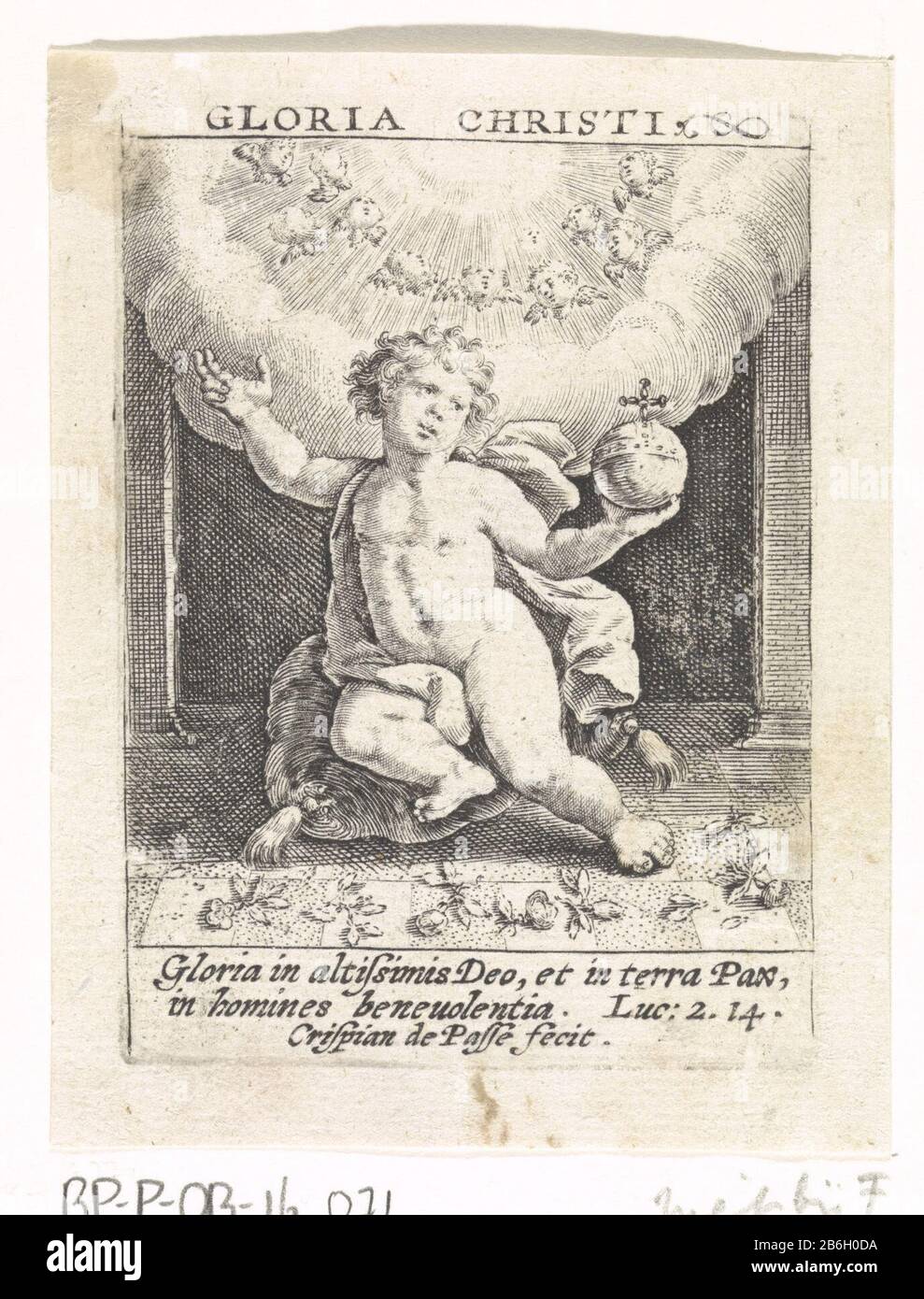 Christ Child Gloria Christi (title object) The Christ child sitting on a pillow flowers at his feet. In the sky above him a circle of cherubs. In the margin of a two-line Bible Quotation from Luc. 2:14 in the Latijn. Manufacturer : print maker: Crispijn of de Passe (I) (shown on object) Place manufacture: unknown date: 1574 - 1637 Physical characteristics: engra material: paper Technique: engra (printing process) Measurements: plate edge: h 78 mm × b 58 mm Subject: Christ-shield (with attributes) Stock Photo