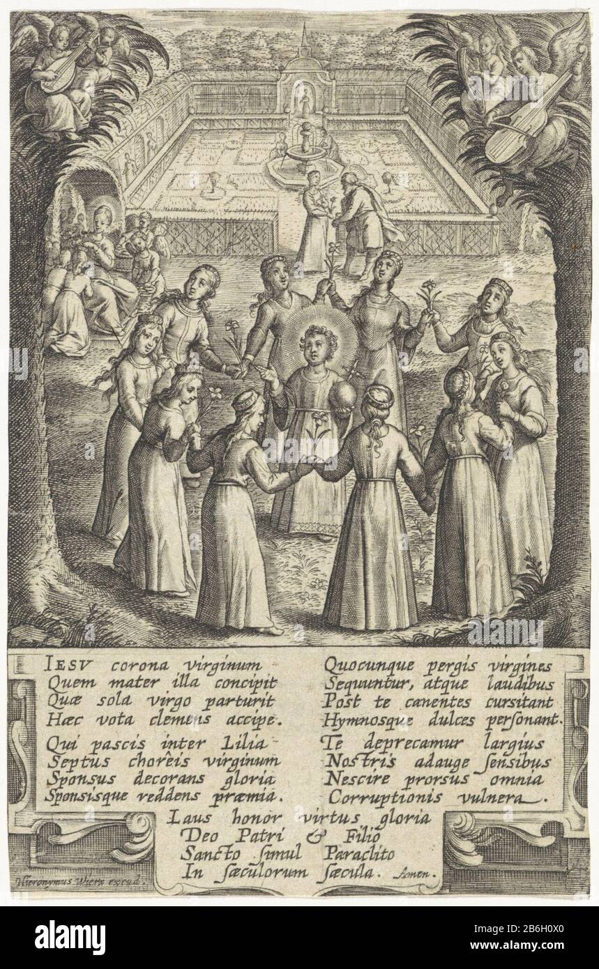 Christ Child surrounded by virgins Ten virgins form a circle around the Christ child. Mary sits on the edge of a garden, surrounded by angels in the background. The trees musical angels. In the margin a prayer, in three columns in the Latijn. Manufacturer : printmaker: Jerome Who: rixuitgever: Hieronymus Wierix (listed property) Place manufacture: Antwerp Date: 1563 - for 1619 Physical features: car material: paper Technique: engra (printing process) dimensions: sheet: h 128 mm × W 84 mm Subject: Christ-child together with other Stock Photo
