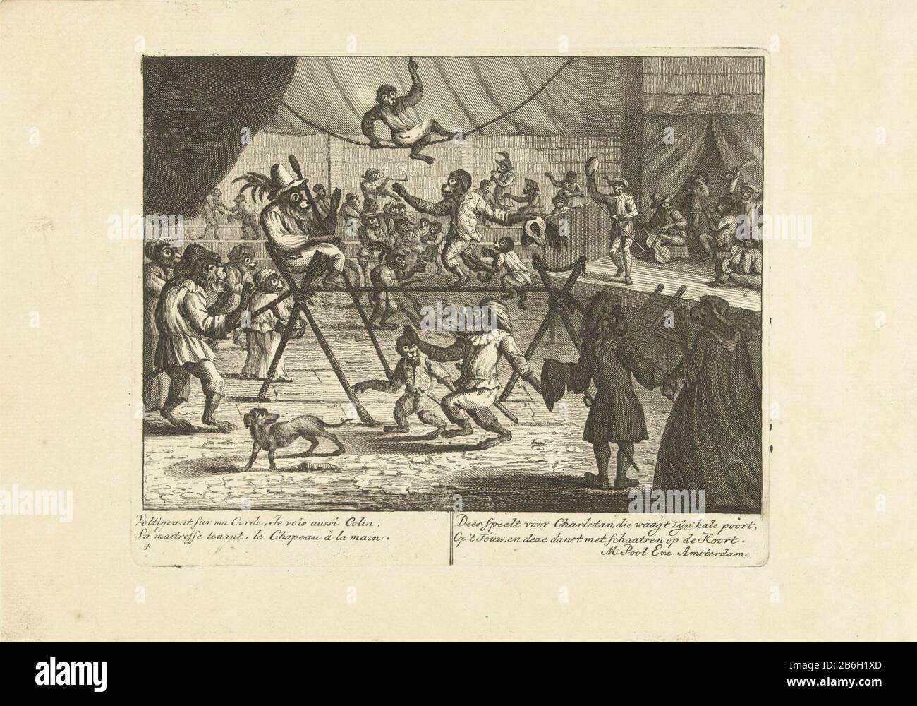 Circus with monkeys, ca 1720 Monkeys Game (series title) circus to make  monkeys dance and string music. In the caption rhymes in French and Dutch.  Post No. 4 in a series of