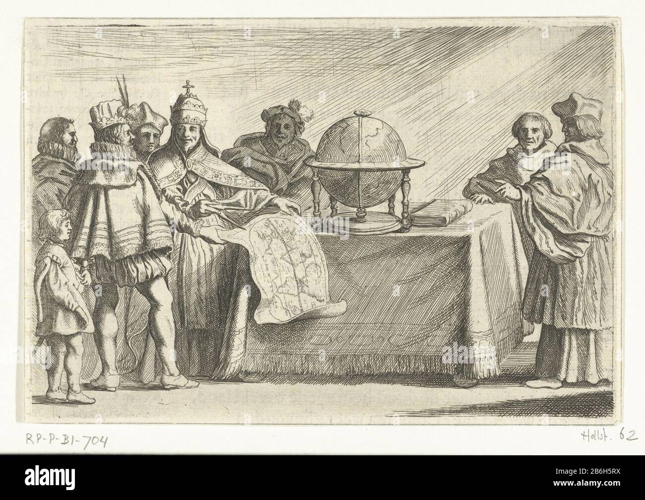 Columbus at Pope RP-P-BI-704 Christopher Columbus and present the pope with world map, in a table Where: on a globe . Other scholars attended, ca. 1500. Printed on the back with text in Nederlands. Manufacturer : printmaker Willem Bass Place manufacture: Northern Netherlands Date: 1632 - 1634 Physical features: etching and engra material: paper Technique: etching / engra (printing process) Dimensions : plate edge: h 106 mm × W 158 mmToelichtingIllustratie derived from: E. Herckmans, Der sea-vaertlof, JP Wachter, Amsterdam 1634, fol. 162.OnderwerpWie: Christopher Columbus Stock Photo