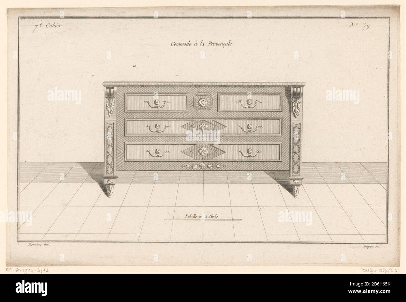 An ornate chest of drawers with four drawers, with leaf and flower motifs. Print Nummer 39. Manufacturer : printmaker: Nicolas Dupin (listed property) designed by: Juste Nathan François Boucher (listed building) Publisher: Charles Le Père & Pierre-Michel AvaulezPlaats manufacture: Paris Date: 1772 - 1779 Physical features: etching and engra materials: paper Technique: etching / engra (printing process) Measurements: plate edge: h 212 mm × W 320 mmToelichtingPrent three of a series of zes. Subject: ornamental cupboardornament derived from plant form Stock Photo