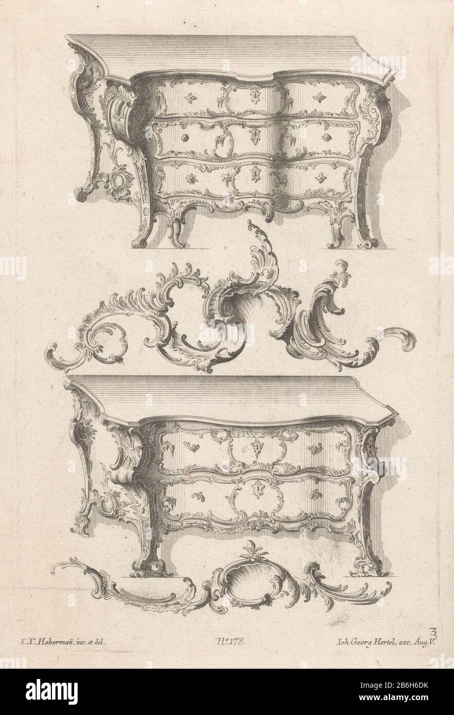Commodes a chest of drawers with three drawers and a dresser with two drawers, with rocaille ornaments. Publisher number 178. Manufacturer : printmaker: anonymous design by Franz Xaver Habermann (listed building) Publisher: Johann Georg Hertel (I) (listed building) Place manufacture: Augsburg Date: 1731 - 1775 Physical features: etching and engra material: paper Technique: etching / engra (printing process) Dimensions: plate edge: h 299 mm × W 200 mm Subject: ornamental cupboardrocaille ornament Stock Photo