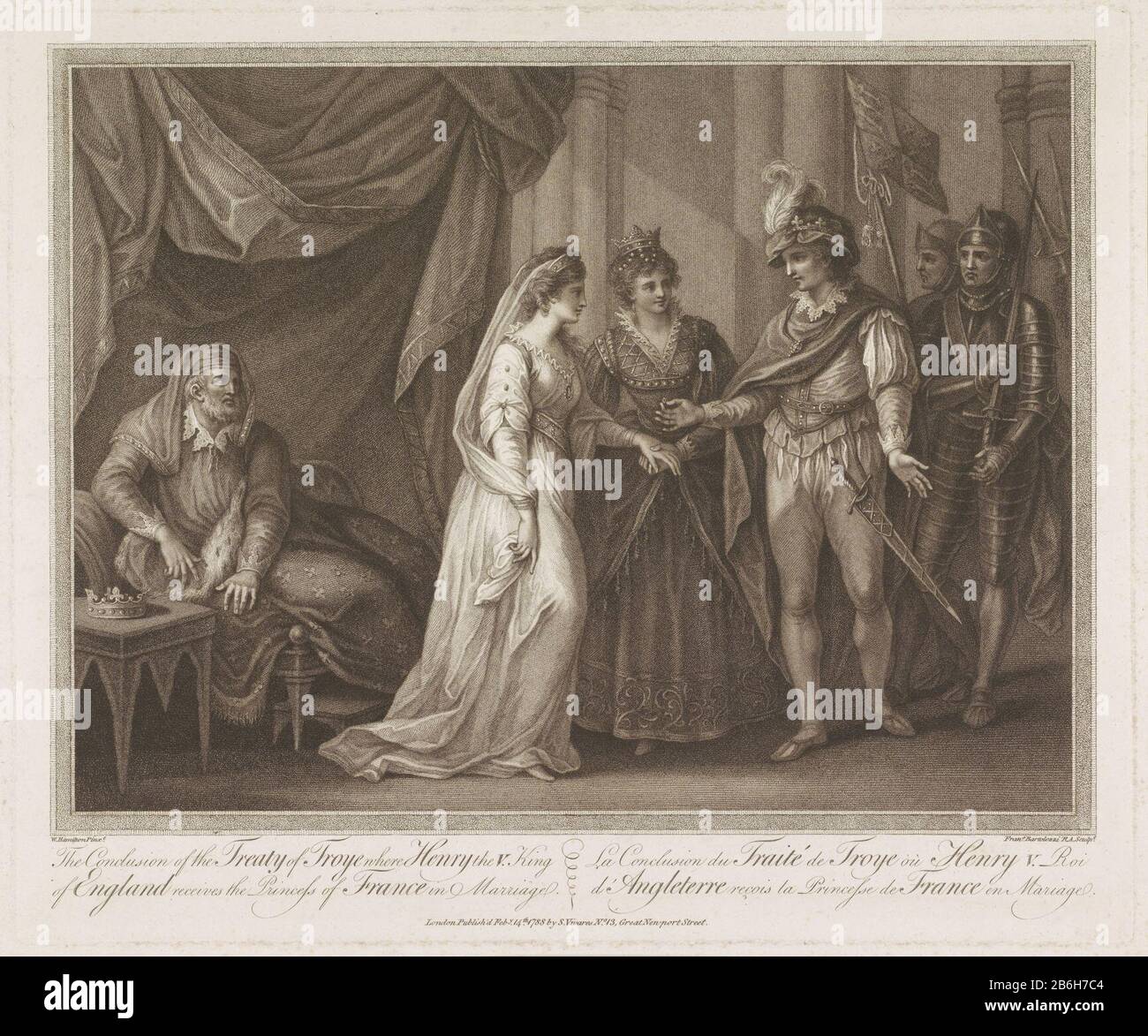 Conclusion of the Treaty of Troyes Catherine of Valois married Henry V left is Charles VI of France on a bed. Right stand two soldiers. Text in English and French in the ondermarge. Manufacturer : printmaker: Francesco Bartolozzi (listed property) designed by William Hamilton (listed building) Publisher: S. Vivares (listed property) Place manufacture: London Date: 14- Feb 1788 Physical features: etching and engra in dotted brown material: paper Technique: etching / engra dot / color dimensions: plate edge: h 339 mm × W 412 mm Subject historical events and situations; historical persons (civil) Stock Photo