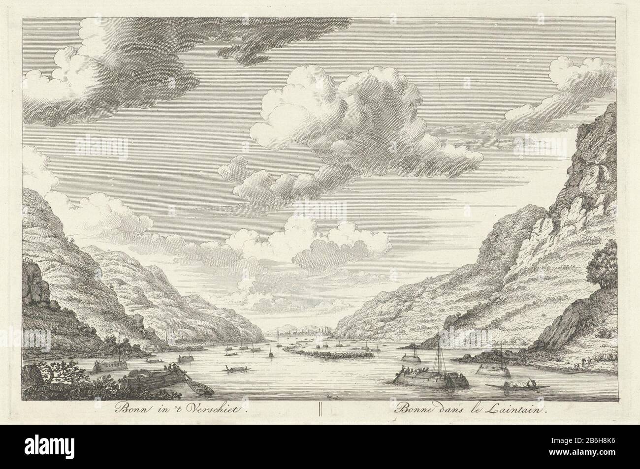 Contours of Bonn, seen from the Rhine in Bonn 't Verschiet Bonne dans le Laintain (title object) Sights along the Rhyn (series title) view of the contours of the German city of Bonn, seen from the Rhine. The print is a part of a elfdelige series of prints with faces along the Rijn. Manufacturer : print maker: Henry the Lethnaar drawing: Cornelis Ploos van Amstel Publisher: Frederik Willem GreebePlaats manufacture: Amsterdam Date: 1767 Physical characteristics: etching material: paper Technique: etching dimensions: plate edge: h 230 mm × W 343 mm Subject: river ships (in general) prospect of ci Stock Photo