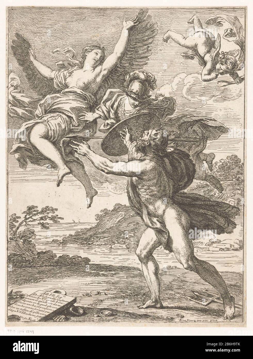 Coronis changed to a crow The sea god Neptune is trying to crimes themselves Coronis, the daughter of Coroneus. Minerva intervenes and Coronis turns into a crow, Where: by they can fly away from Neptune. Above right flies Amor. Manufacturer : printmaker: Francisco Vieira de Matto to painting: Francisco Vieira de Mattos (listed building) commissioned by: Francisco Vieira de Mattos (listed property) entrusted to Alessandro Guzman (listed property) Place manufacture: Portugal Dating : 1724 Material: paper Technique: etching dimensions: plate edge: h 289 mm × W 218 mm Subject: Coronis changed into Stock Photo