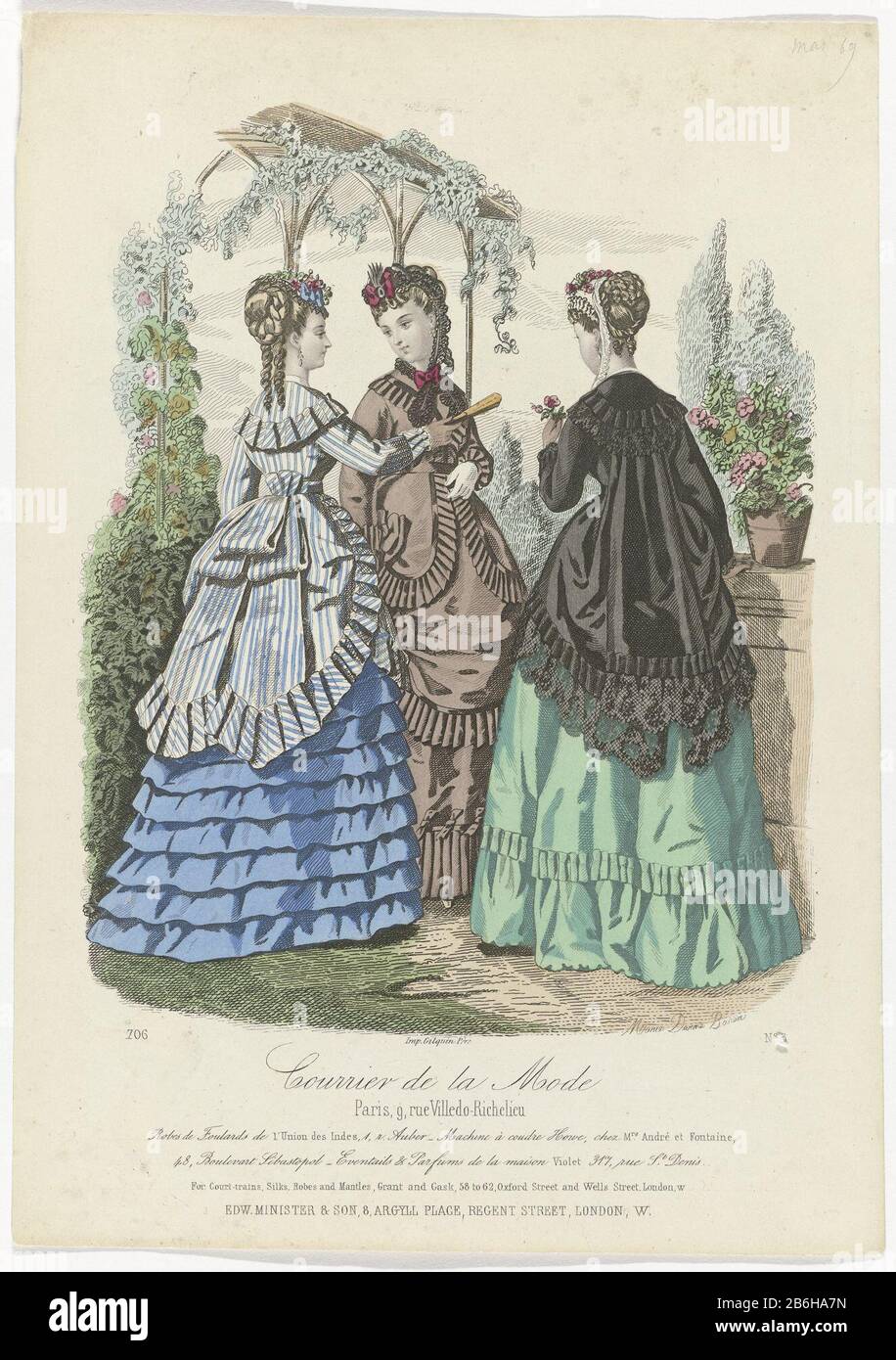 Mail Fashion, ca 1870, No 706, No 3 Scarves Dresses Three women standing  outside talking. According to the legend they wear 'the Foulards robes, made  of fabrics Union des Indes, a sewing
