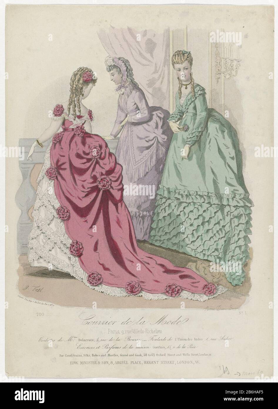 Mail Fashion 1869, No. 700, No. 1 Toilet Mrs. Delacroix Three women on a  railing on a platform. Left: pink (evening) gown with train, decorated with  rosettes and white lace. Underskirt adorned