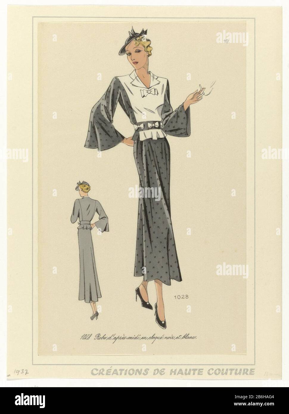 black afternoon dress with white bodice. Flat hat in short style. Cigarette  in hand. Manufacturer : print maker: anonymous date: 1937 Physical  characteristics: lithography, hand-colored material: paper technique:  lithography (technique) / hand-color