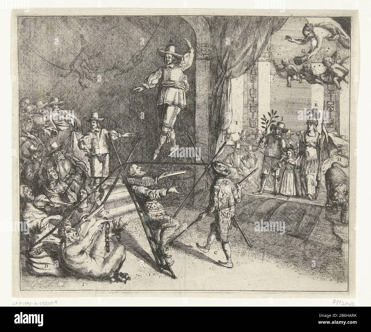 Cromwell as a tightrope walker, 1652 to the English-Curb Dansser (title object) Cartoon Oliver Cromwell and England during the First Anglo-Dutch War. Cromwell as a tightrope walker on a string held up by Fairfax and a courtier. Left the British watch. Below are a devil, some musicians and Master Pedro Cornel (Where: apparently the preacher Hugh Peters). In the background, two monkeys swinging. Right young Prince William standing between a Dutchman with peace and Pallas put right the Dutch Lion, on the background of the members of the States. The air Fame. When the picture includes a tekstblad. Stock Photo