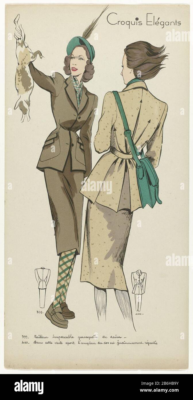 A woman in hunting costume, a trophy stopping. Right, a woman in a suit  with shoulder. Print out the fashion magazine Croquis Elégants (1931 -...?)  Manufacture Creator:. Printmaker: anonymous date: approx 1948