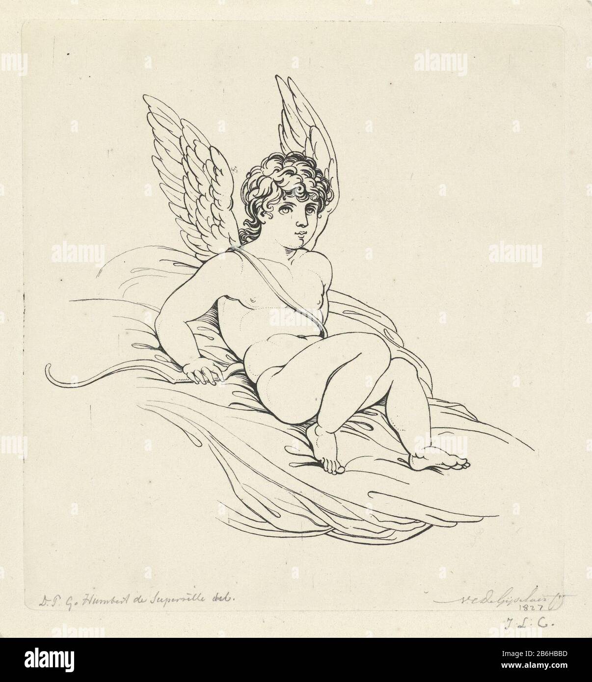 Cupid, the RP-P-OB-55670 Cupid is on the ground, with bow in hand. Manufacturer : printmaker: Nicolaas Cornelis de Gijselaar (listed property) to drawing: David Pierre Giottino Humbert de Superville (listed property) Place manufacture: Leiden Date: 1827 Physical features: etching material: paper Technique: etching dimensions: plate edge b 162 mm x h 177 mm Subject: ( or story) Cupid, Amor (Eros) Stock Photo