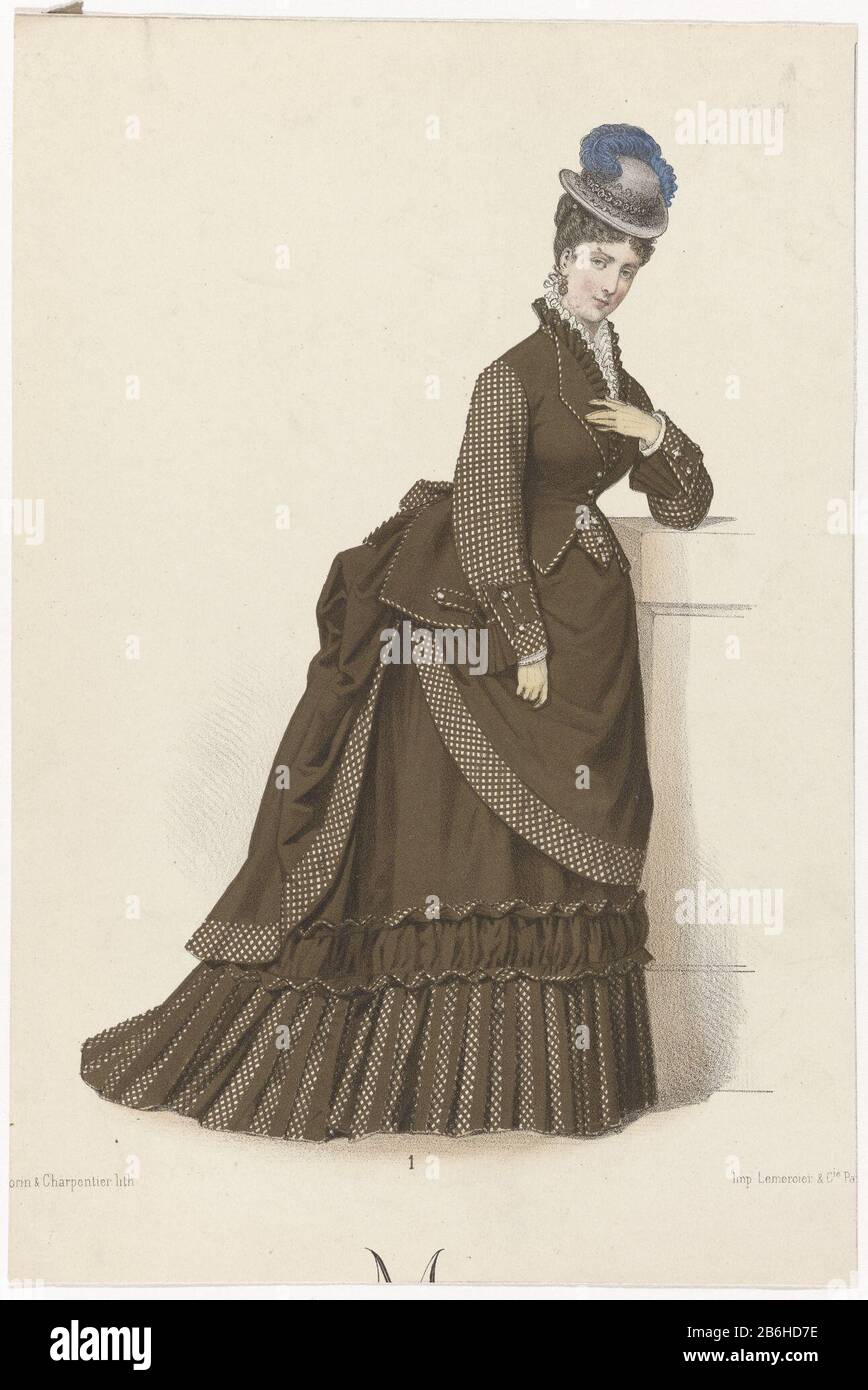 Dame in bruine japon, ca 1875, No 1 Female dressed in a brown dress with a jacket lapel and with stand-up collar ha a skirt with a matching queue, and petticoat with tow. She also wears a hat with edge and struisveer. Manufacturer : printmaker: Charpentier (listed building) printmaker: Morin (listed building) printer: Lemercier & Cie (listed property) Date: approx. 1875 Physical features: lithograph, printed in black and brown and hand colored material: paper technique: lithography (technique) / hand color dimensions: sheet: h 256 mm × W 170 mm Subject: fashion plates dress, gown (+ women's cl Stock Photo