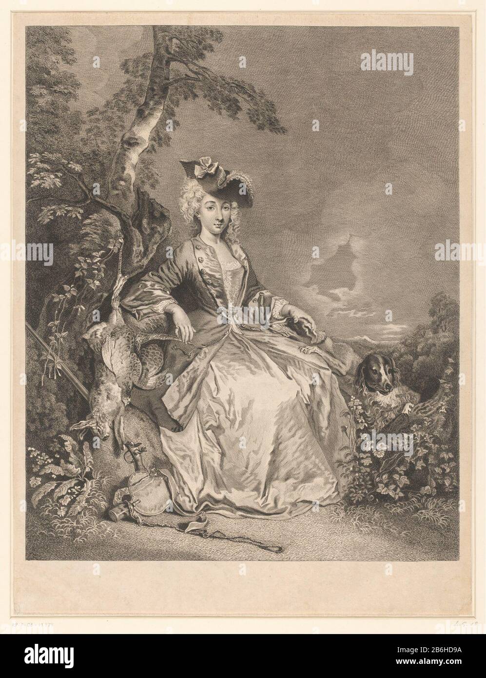 Dame after the hunt Lady after hunting object type: picture Item number: RP-P-OB-41.474Catalogusreferentie: IFF 18e siècle 5 Inscriptions / Brands: collector's mark, verso, stamped: Lugt 240 Manufacturer : printmaker: Benoit Audran (II) for painting Jean Antoine Watteauuitgever François Chéreau (I) provider of privilege: French crown place manufacture: printmaker: France Publisher: Paris Date: 1708 - 1729 Physical features: etching; proofing material: paper Technique: etching Dimensions: sheet: H 453 mm (Inner plate edge cut.) × W 343 mm (Inner plate edge cut.)  Subject: hare-hunting, rabbit-h Stock Photo