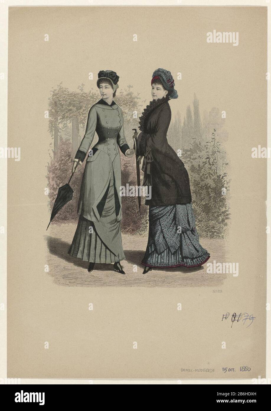 Ladies fashion guide, October 15, 1880, No. 619 Two ladies walking costume.  Print out the fashion magazine Women's fashion guide (1873 -)  Manufacture Creator:. Printmaker: anonymous Date: 1880 Physical features:  engra, hand-colored