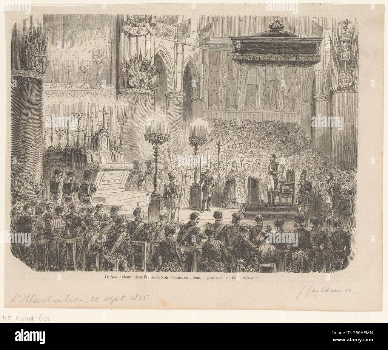 Thanksgi service at Notre Dame in Paris in the presence of emperor Napoleon III, on the occasion of the capture of Sebastopol September 1855. Manufacturer : printmaker J. Gaildrau (listed object) Place manufacture: France Date: 1855 Physical features: wood engra material: paper Technique: wood engra dimensions: sheet: h 201 mm × W 249 mmToelichtingIllustratie taken from the episode of 'L'Illustration, Journal Universel 'of 22 september 1855. Subject: Holy Mass ( divine service, especially of Roman Catholic Church) Siege of Sebastopol When: 1855-09 - 1855-09 Stock Photo