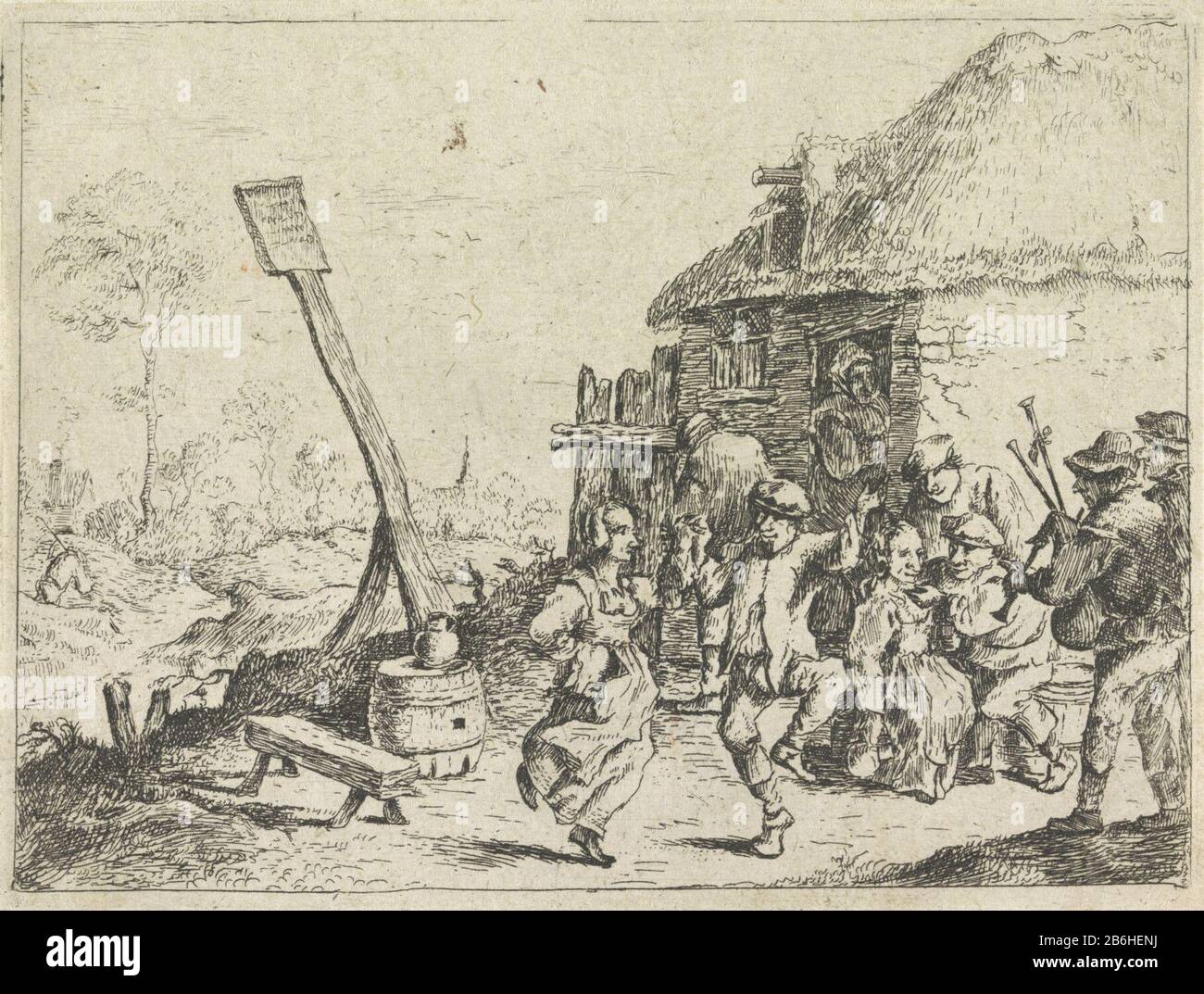 Dance for the inn A couple dancing in front of a tavern on the music of a bagpiper. The inn are drinking boeren. Manufacturer : printmaker: anonymous design by David Teniers (II) Dated: 1626 - 1740 Physical features: etching material: paper Technique: etching Dimensions: plate edge: H 83 mm × W 110 mm Subject: bagpipe, musetteone pair dancing; man and woman dancing as a couple Stock Photo