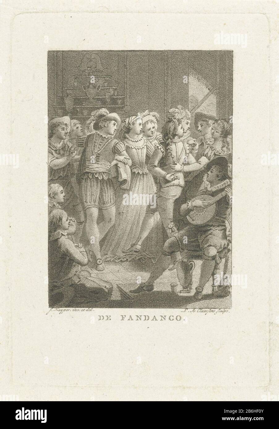 The Dancing group Fandango (title object) A group of dancers dancing Fandango, a popular dance in the 18th century in Spain. A man is playing on a luit. Manufacturer : print maker: Lambertus Antonius Claessens (indicated on object) to drawing of: Jacques Kuyper (indicated on object) Date: 1800 Physical characteristics: etching material: paper Technique: etching dimensions: plate edge: H 134 mm × W 92 mmToelichtingIllustratie for: Ernst and Boertlingen for the XIXth century, or Almanach of civilized qualifications for 1801. Amsterdam: W. van Vliet, and J. van der Hey, [1800] . Subject: more tha Stock Photo