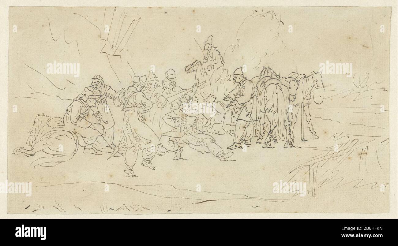 Dancing Cossacks Dancing kozakken object type: drawing Object number: RP-T-00-1770 Manufacturer :  draftsman: Louis Moritz Artist: Pieter Gerardus van Os Dating: 1783 to 1850 and / or 1786 - 1839 Physical characteristics: pen in brown material: paper Ink Technique: pen Dimensions: h 167 mm × W 309 mm Subject: (military) with tent camp group, or one (folk dancing) land forces (+ cavalry, horsemen) Stock Photo