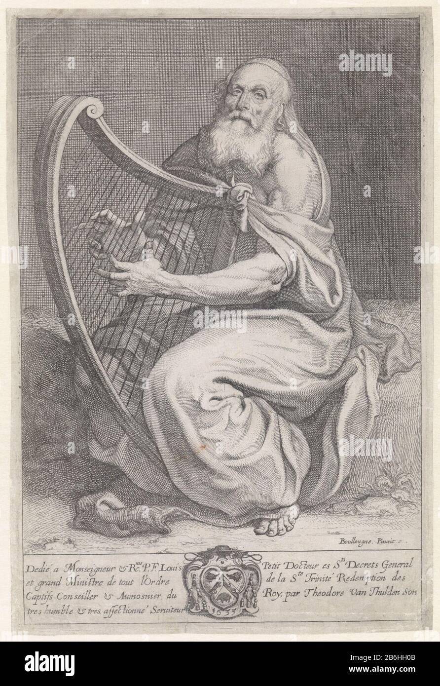 David playing the harp David playing the harp. Bottom center of the margin of Louis Petit coat and instructs him in the Frans. Manufacturer : printmaker: Theodoor van Thuldennaar painting by Valentin de Boulogne (listed property) to painting by Francesco Primaticcio (listed building) dedicated to : Louis Petit (indicated on object) assigned to it by: Theodoor of Thulden (indicated on object) Date: 1633 Physical characteristics: etching and engra material: paper Technique: etching / engra (printing process) Measurements: plate edge: h 343 mm × W 230 mm Subject: David as musician Benthic, usuall Stock Photo