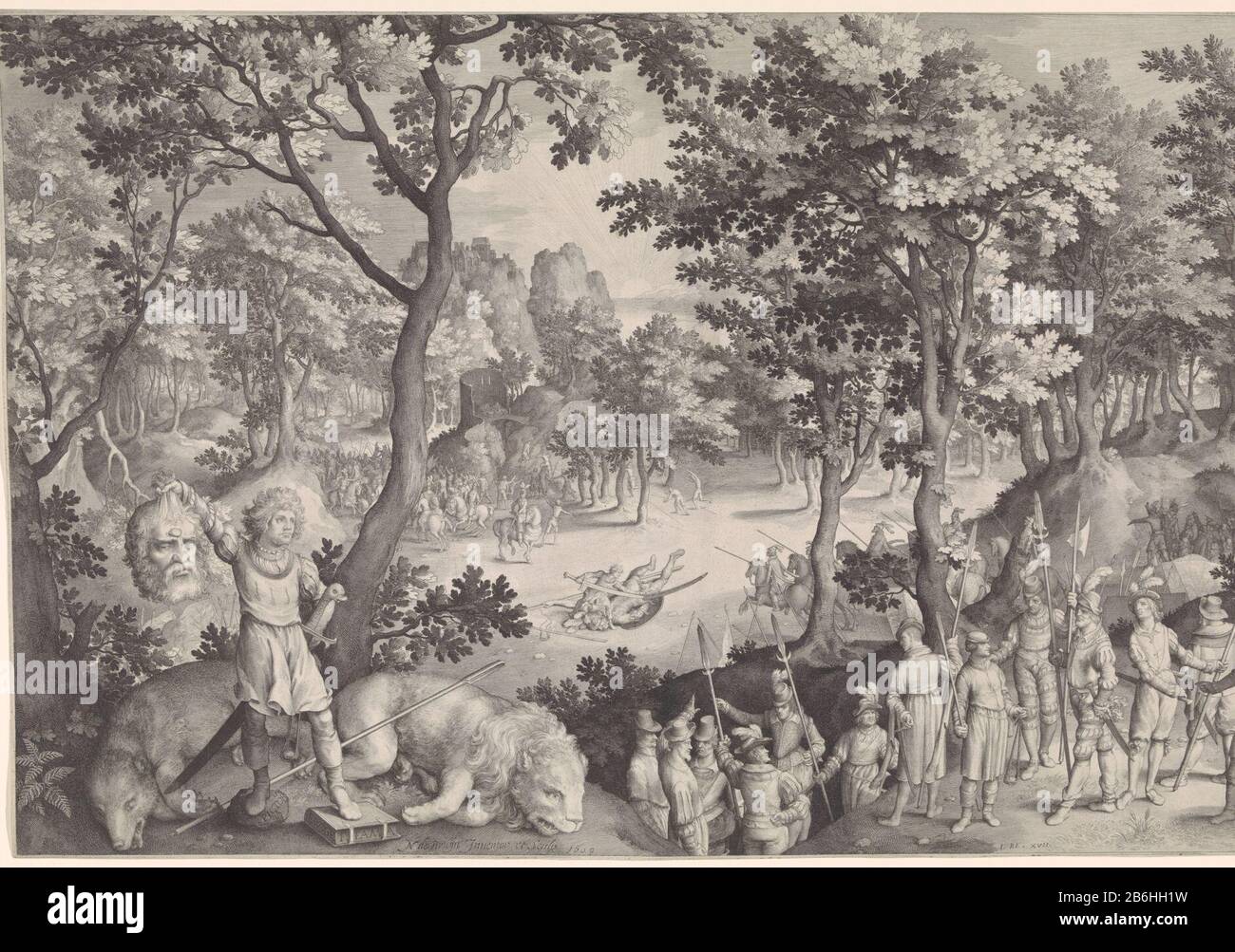 David Goliath RP-P-1896-A-19137 In the middle the battle between the Philistines and Israel. David is about to behead about Goliath. In the foreground David with the Head of Goliath. Behind him, a dead bear and a dead leeuw. Manufacturer : printmaker: Nicolaes de Bruyn (listed property) to design: Nicolaes de Bruyn (listed property) Place manufacture: Antwerp Date: 1609 Physical features: engra; proofing material: paper Technique: engra (printing process) Measurements: sheet: b 695 mm × H 449 mm Subject: David with Goliath's headthe armies of the Israelites and the Philistines position facing Stock Photo