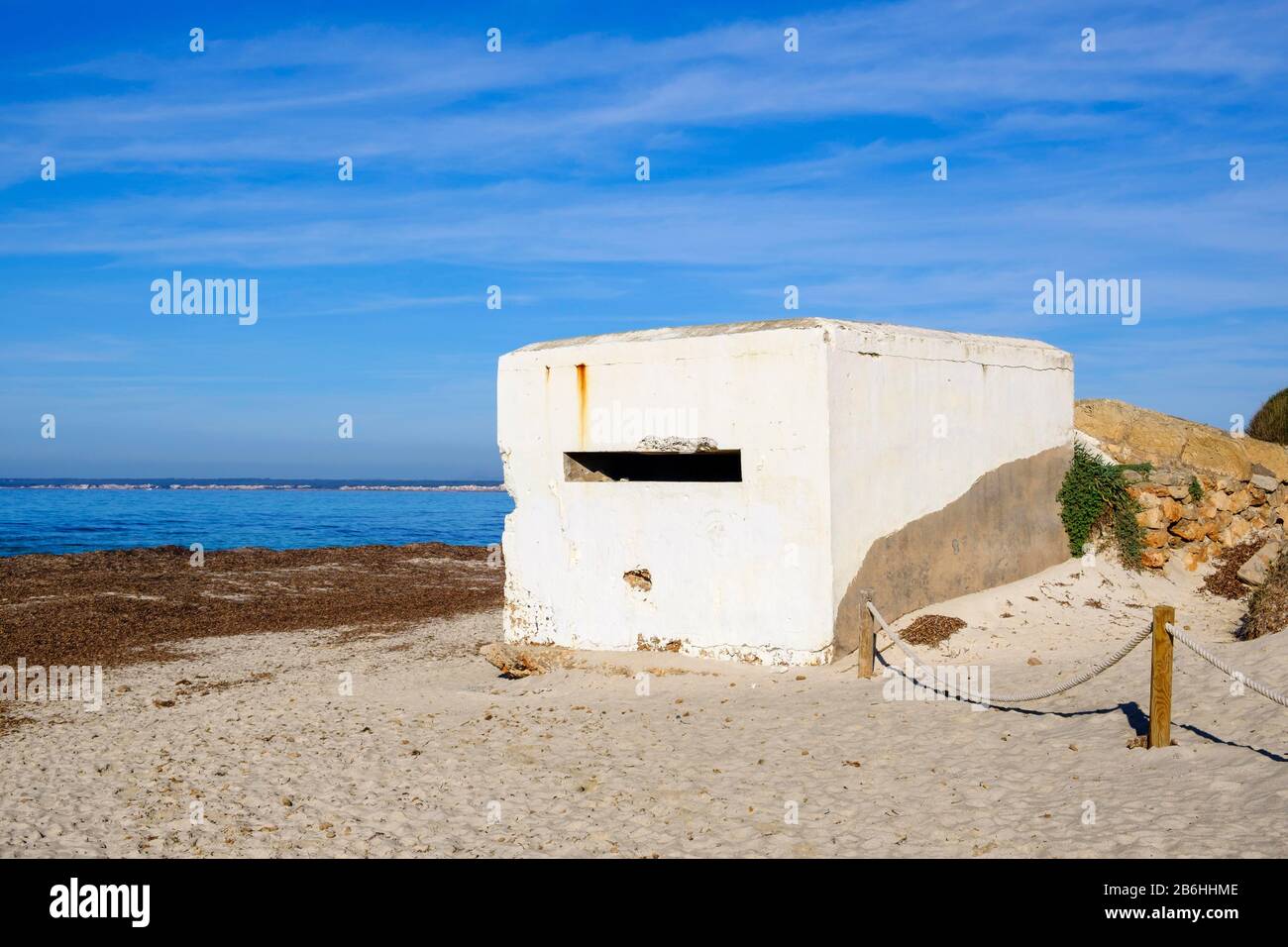 Bunker on the beach Es Trenc, Es Trenc-Salobrar de Campos nature park Park, near Sant Jordi, Migjorn region, Majorca, Balearic Islands, Spain Stock Photo