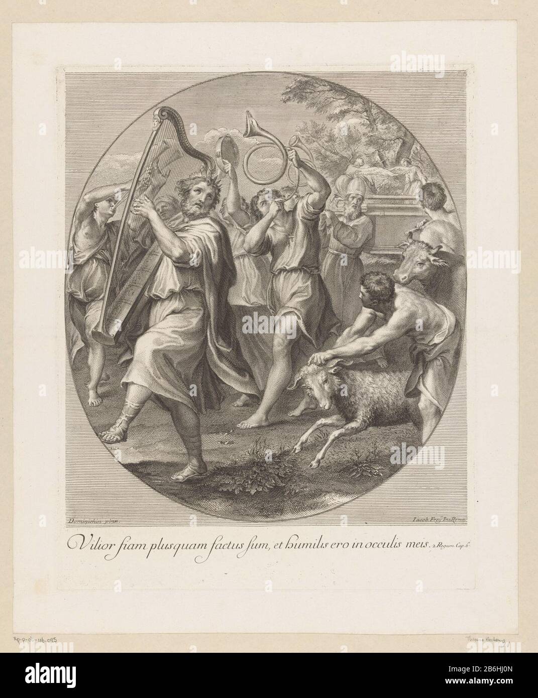 David playing his harp and dancing before the Ark of the Covenant With signature in the Latijn. Manufacturer : print maker: Jacob Frey (der Ältere) (shown on object) to painting by: Domenichino (indicated on object) Place manufacture: Rome Date: 1718 - 1719 Material: paper Technique: engra (printing process) Measurements: plate edge: h 390 mm × W 310 mmToelichtingNaar one of four tondos by Domenichino in the San Silvestro al Quirinale in Rome. Subject: the ark is Placed on a cart driven by the sons of Abinadab; David and the people dance and make music before the law and ark Stock Photo
