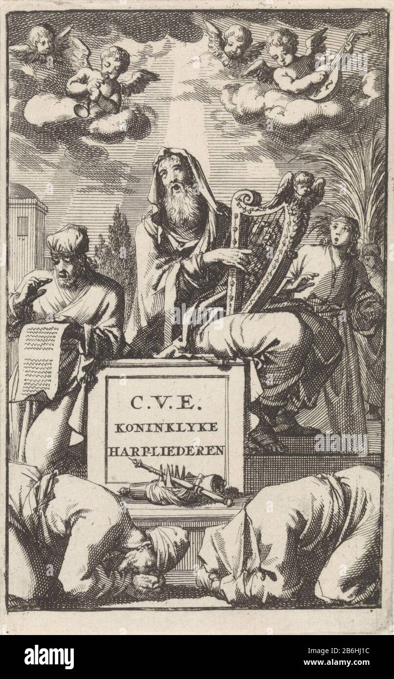 David playing his harp Title page for C Eecke, The koninklyke harp songs on news expanded Rym (), 1698 David playing his harp in front of a young man and a priest. For him lying on the ground a crown, scepter and scroll. Airborne two cherubs and two music making angels. In the foreground two bowed mannen. Manufacturer : printmaker Jan Luyken Publisher: Cornelis van Ursulinen Place manufacture: Amsterdam Date: 1698 Physical features: etching material: paper Technique: etching Dimensions: sheet: H 144 mm × W 90 mmToelichtingTitelpagina for: Eecke, Cornelis van. The koninklyke harp songs on news Stock Photo