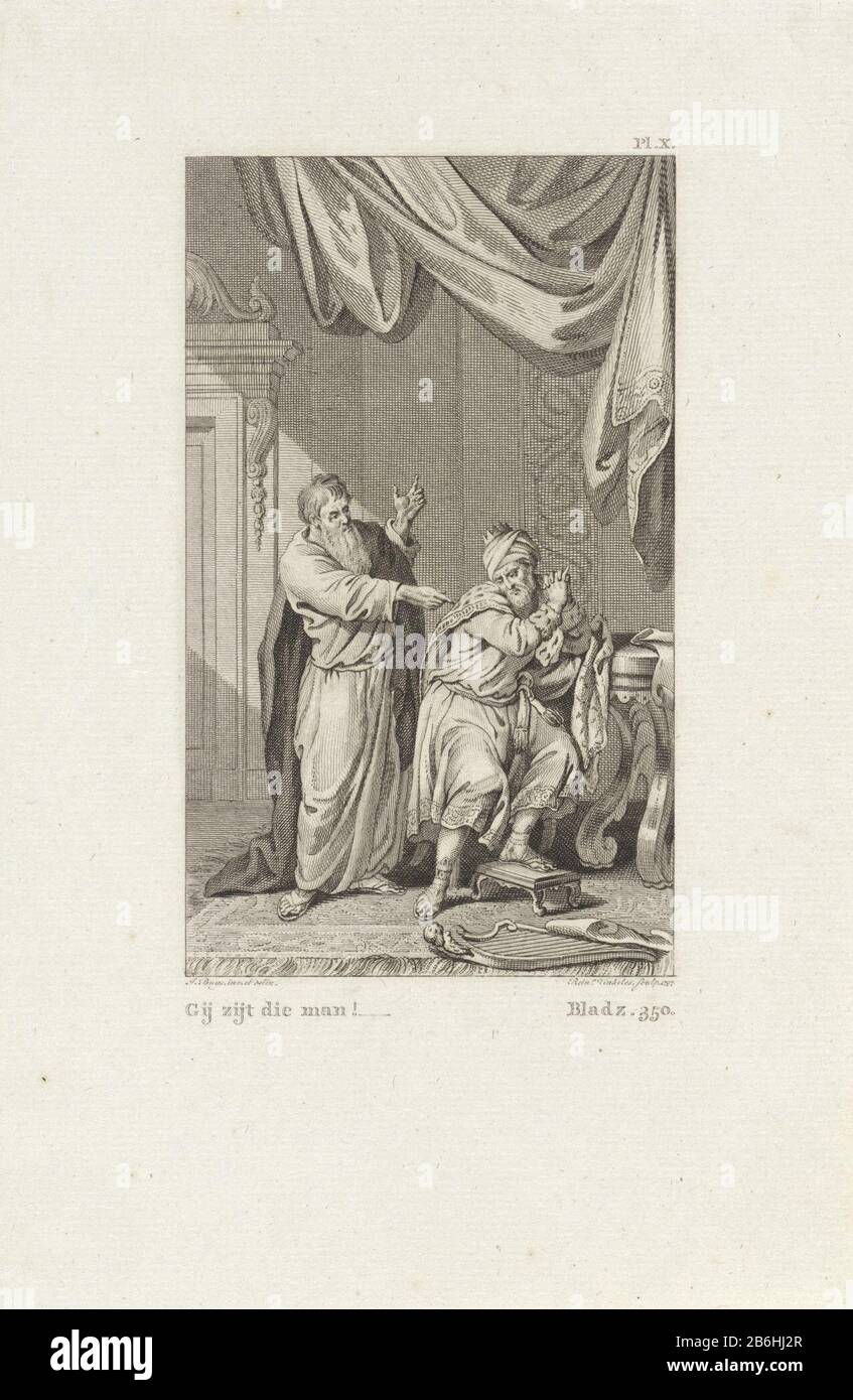 David is reprimanded for his adultery, Thou art the man (title object) because of adultery with Bathsheba, king David through the prophet Nathan rebuked in the name of God. King David confessed his sin op. Manufacturer : printmaker: Reinier Vinkeles (I) (listed building) in drawing: Jacobus Buys (listed property) Place manufacture: Amsterdam Date: 1797 Physical features: etching and engra material: paper Technique: etching / engra (printing process) Dimensions: sheet: h 235 mm × W 155 mm Subject David rebuked by Nathan Stock Photo