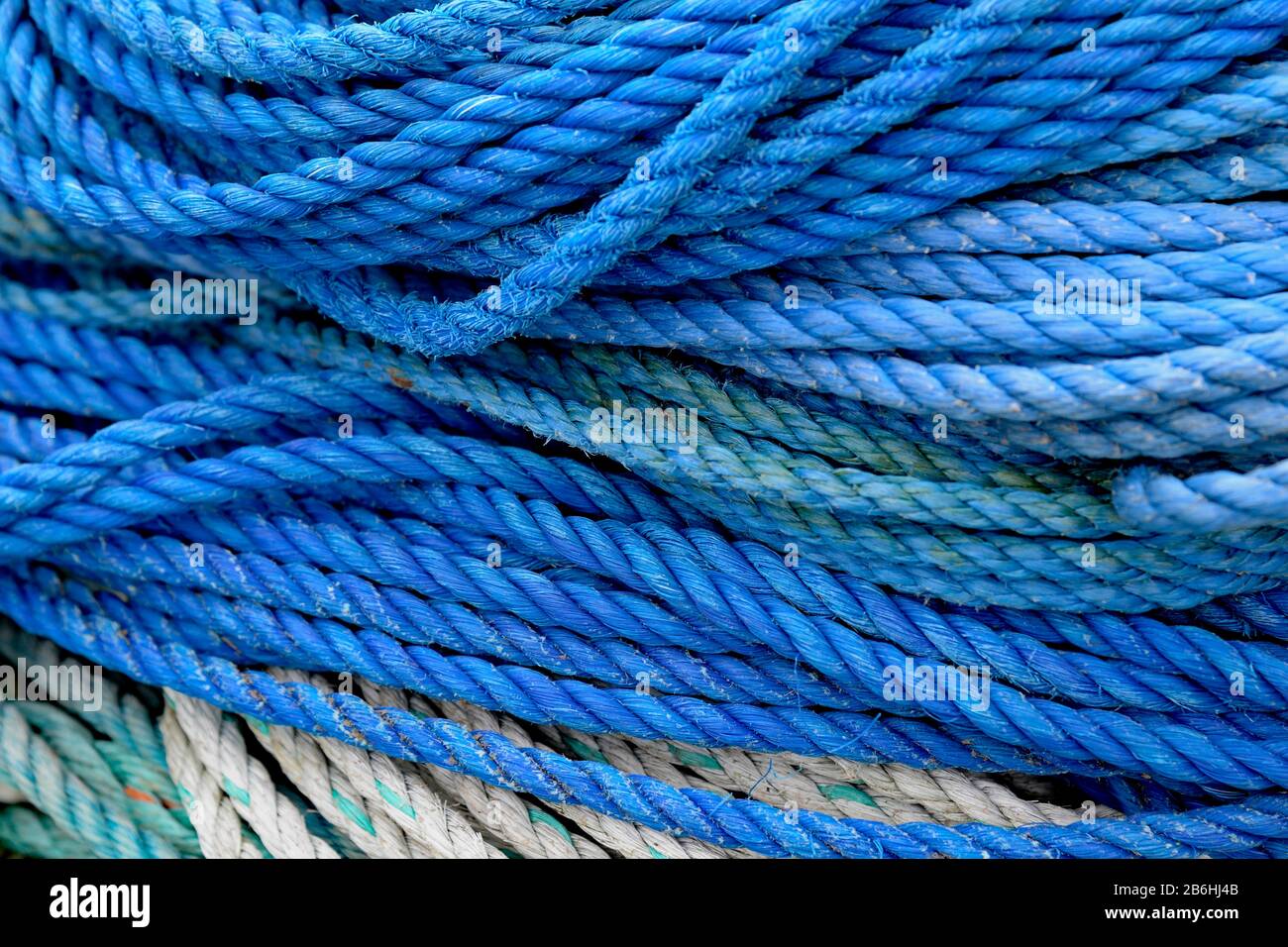 Ropes, blue synthetic fibre ropes, close up, Heligoland, North Sea