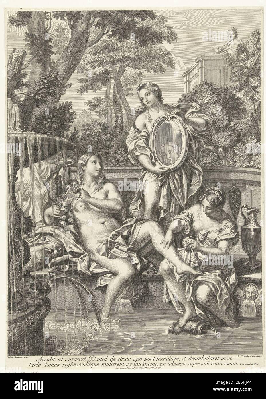 David sees Bathsheba bathing in his garden from the balcony of his palace David sees Bathsheba taking a bath in his garden. She is assisted by two attendants. Among the show a verse of two lines in the Latijn. Manufacturer : printmaker: Robert Audenaerd (listed property) to painting by Carlo Maratti (listed property) Place manufacture: Rome Date: 1685 - 1723 Physical features: engra and etching material: paper technique: engra (printing process) / etch dimensions: sheet: h 460 mm × W 332 mm Subject Bathsheba attended by servant (s) Stock Photo
