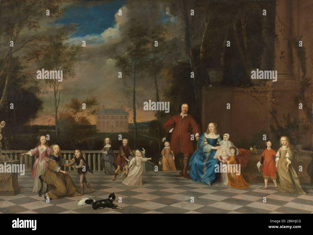 The Amsterdam merchant Jeremias Collen (1619-1707), his wife and their twelve children, SK-A-2416 Portrait of the Amsterdam merchant Jeremias Collen, his wife and their twelve children. Presented on a terrace in the distance the hofstede Velserbeek. Manufacturer : painter: Pieter van Anraedt (attributed to) Date: 1655 - 1657 Physical characteristics: oil on canvas material: cloth oil Dimensions: carrier: h 107 cm. B × 155 cm. outer size: 7 cm d. (Carrier including SK-L-3665.)  Subject: historical person historical persons - BB - woman merchant, salesman family group, especially parents withthe Stock Photo