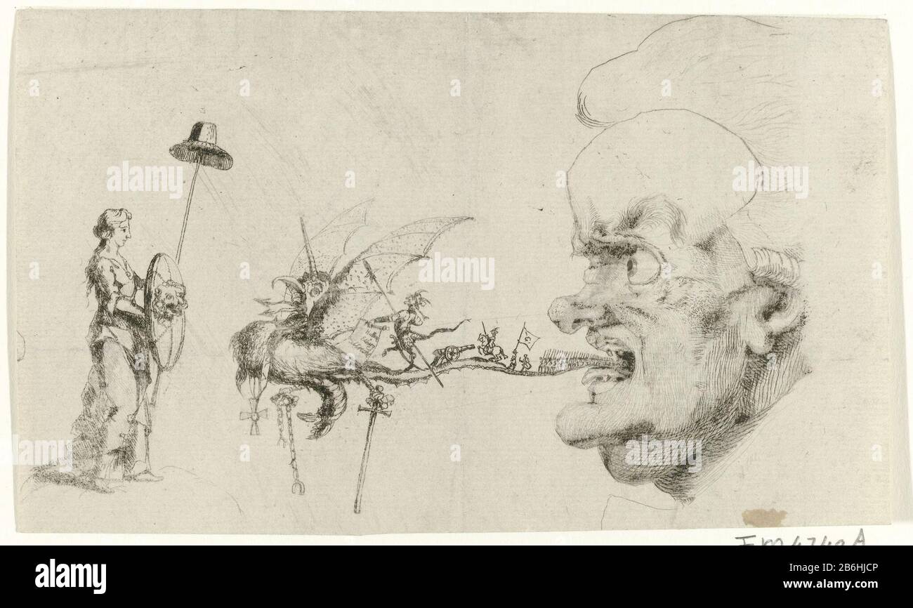 Aristocrat, 1786 Cup Aristocrat which regurgitates a sample and soldiers. A devil in the procession carrying a paper with places Hattem, Elburg, Utrecht. Opposite the vomit Aristocrat is the Virgin of the Dutch Freedom with shield, spear and freedom hat. Preliminary study for the allegory with the contrast between the old Aristocrat and Young Friend of the People, 1786. Manufacturer : printmaker: anonymous place manufacture: Northern Netherlands Date: 1786 Physical features: etching, engra and drypoint material: paper Technique: etching / engra (printing process) / dry point measurements: shee Stock Photo