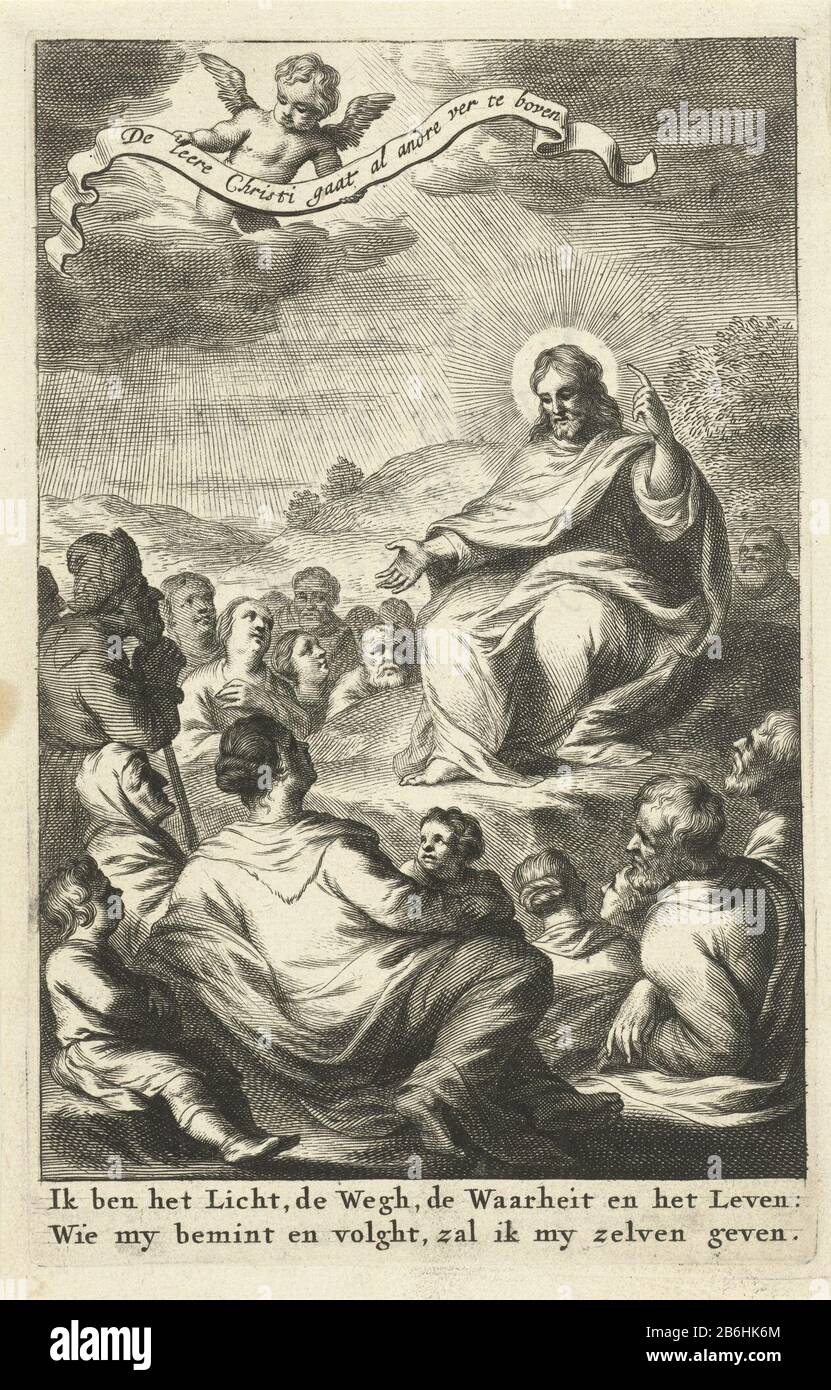 The Sermon on the Mount Christ keeps his Sermon for abundance. A little angel floating in the sky with a text band. In the margin under two lines from the bergrede. Manufacturer : print maker: Cornelis van Dalen (I), seller: Jacob LescaillePlaats manufacture: Amsterdam Date: 1663 Physical characteristics: engra material: paper Technique: engra (printing process) Measurements: plate edge: H 155 mm × W 100 mmToelichtingBoekillustratie from: Thomas à Kempis (translator: Jurriaen Bouckart) The four books of naarvolging Christi, Jacob Lescailje (publisher), Amsterdam 1663 Subject: Christ's sermon o Stock Photo