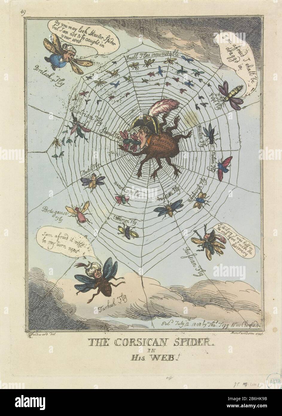 The Corsican Spider in its web, 1808 The Corsican Spider in His Web (title object) Napoleon like a spider at the center of its web devours foreign nations represented like flies. Napoleon occupied Spain for eating, many other countries (Where: under Netherlands) already trapped in the web, other countries (Great Britain, Turkey, Russia and the Pope) still fly freely and comment. Numbered top left: 49. Manufacturer : printmaker Thomas Rowlandson (listed property) to drawing: George Moutard Woodward (listed building) Publisher: Thomas Tegg (listed property) Place manufacture: printmaker: England Stock Photo