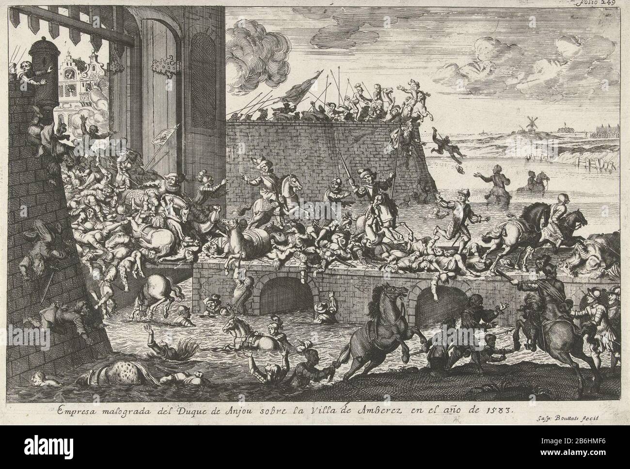 French Fury in Antwerp, January 17th 1583. the marauding French soldiers of the Duke of Anjou in Kipdorppoort the city gejaagd. Manufacturer : printmaker: Gaspar Bouttats (listed property) to print from Jan Luyken Place manufacture: Southern Netherlands Date: 1680 - 1695 Physical features: etching material: paper Technique: etching dimensions: sheet: h 256 mm × W 378 mmToelichtingIllustratie come from an unknown Spanish work, fol. 249. Subject:  looting soldiers counter-attack French Furie When: 1583-01-17 - 1583-01-17 Stock Photo