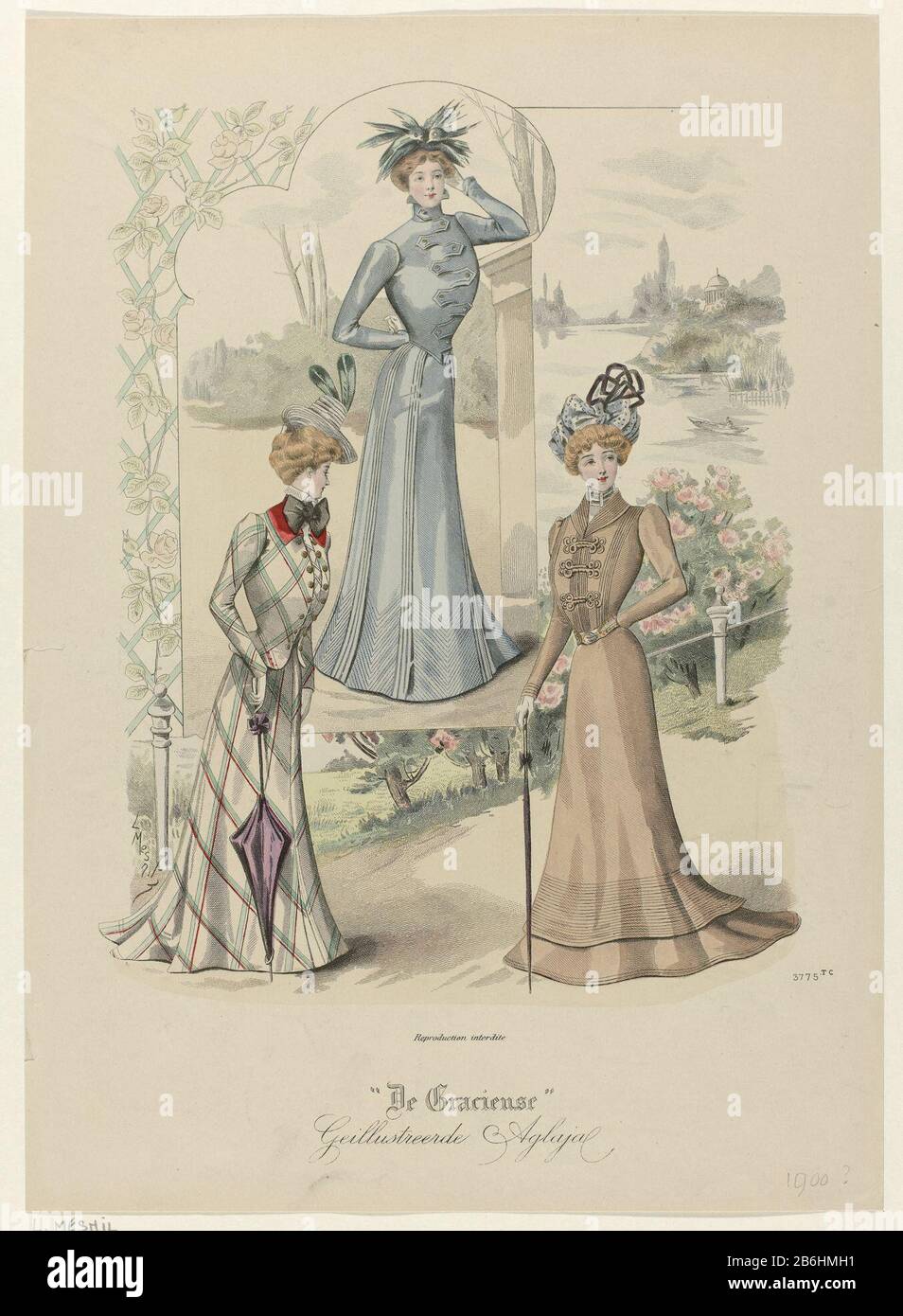 Print out of the magazine mode, the Gracieuse (1865-1936) . Manufacturer :  print maker: anonymous date: approx 1900 Physical characteristics: engra,  hand-colored material: paper Technique: engra (printing process) /  hand-color measurements: sheet: