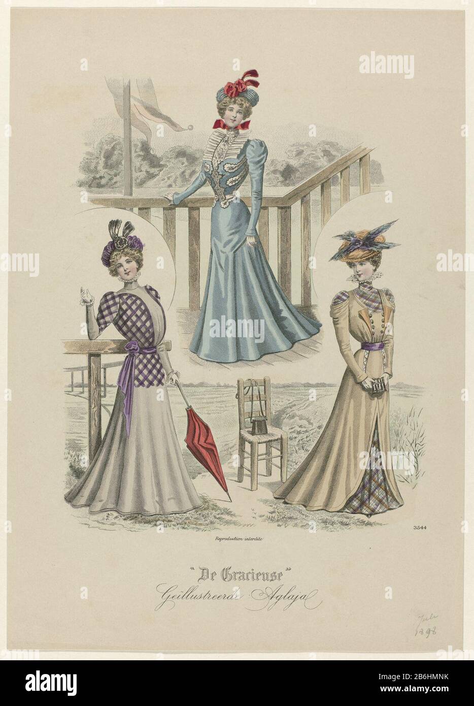 Three summer dresses. Print from the fashion magazine, the Gracieuse  (1865-1936) . Manufacturer : print maker: anonymous date: 1898 Physical  characteristics: engra, hand-colored material: paper Technique: engra  (printing process) / hand-color measurements: