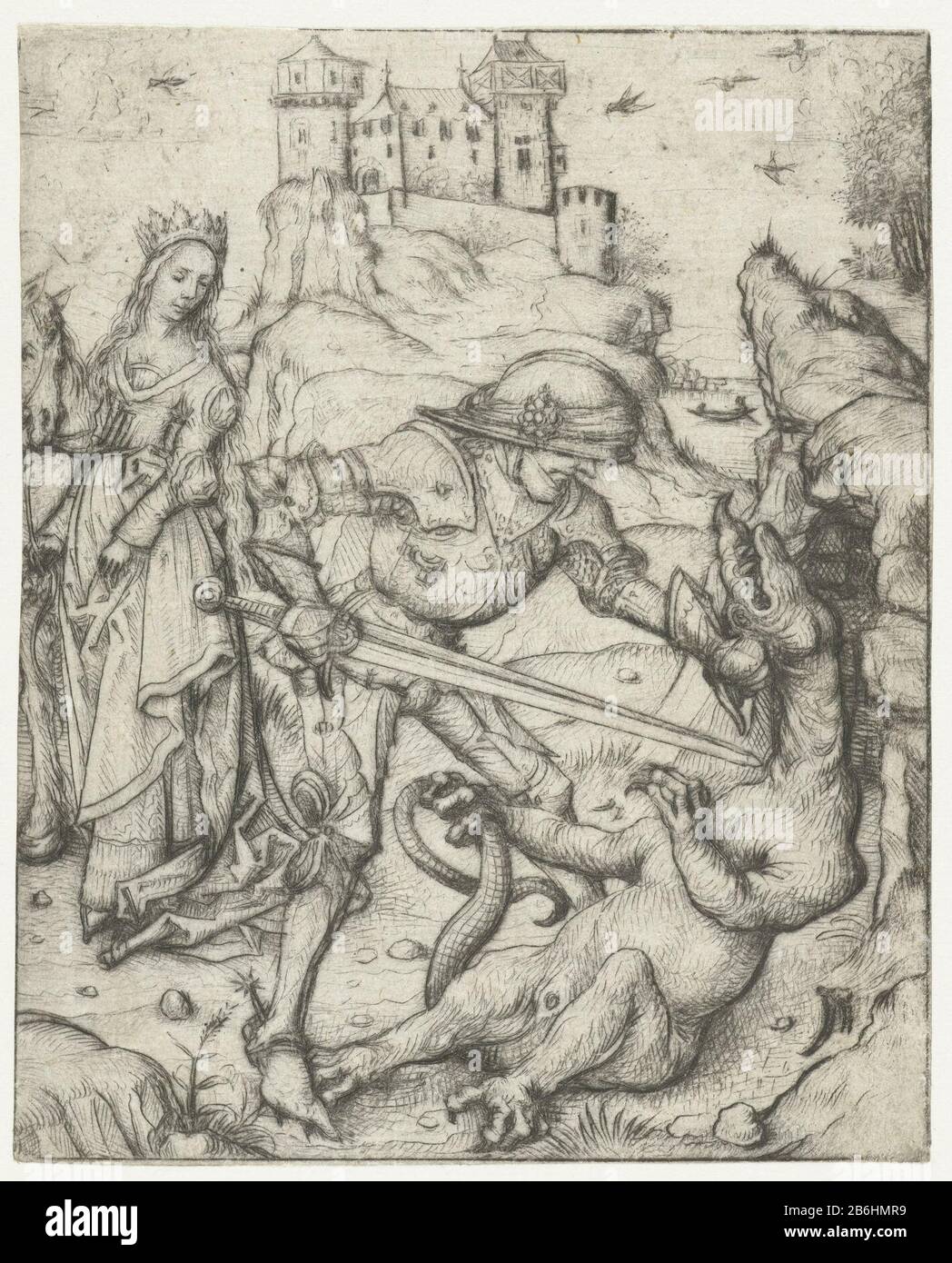 The H Joris foot George, on foot, kills the dragon with his heavy d. Princess Cleodelinde watches and keeps his horse vast. Manufacturer : printmaker Master of the Amsterdam Cabinet to draft Master of the Amsterdam Cabinet Place manufacture: Germany Date: 1488 - 1492 Physical features: drypoint material: paper Technique: drypoint Dimensions: sheet: H 141 mm b × 114 mmToelichtingGoede pressure. Two specimens preserved, others in Bibliothèque Nationale, Parijs. Subject: non-miraculous activities and events  St. George Stock Photo