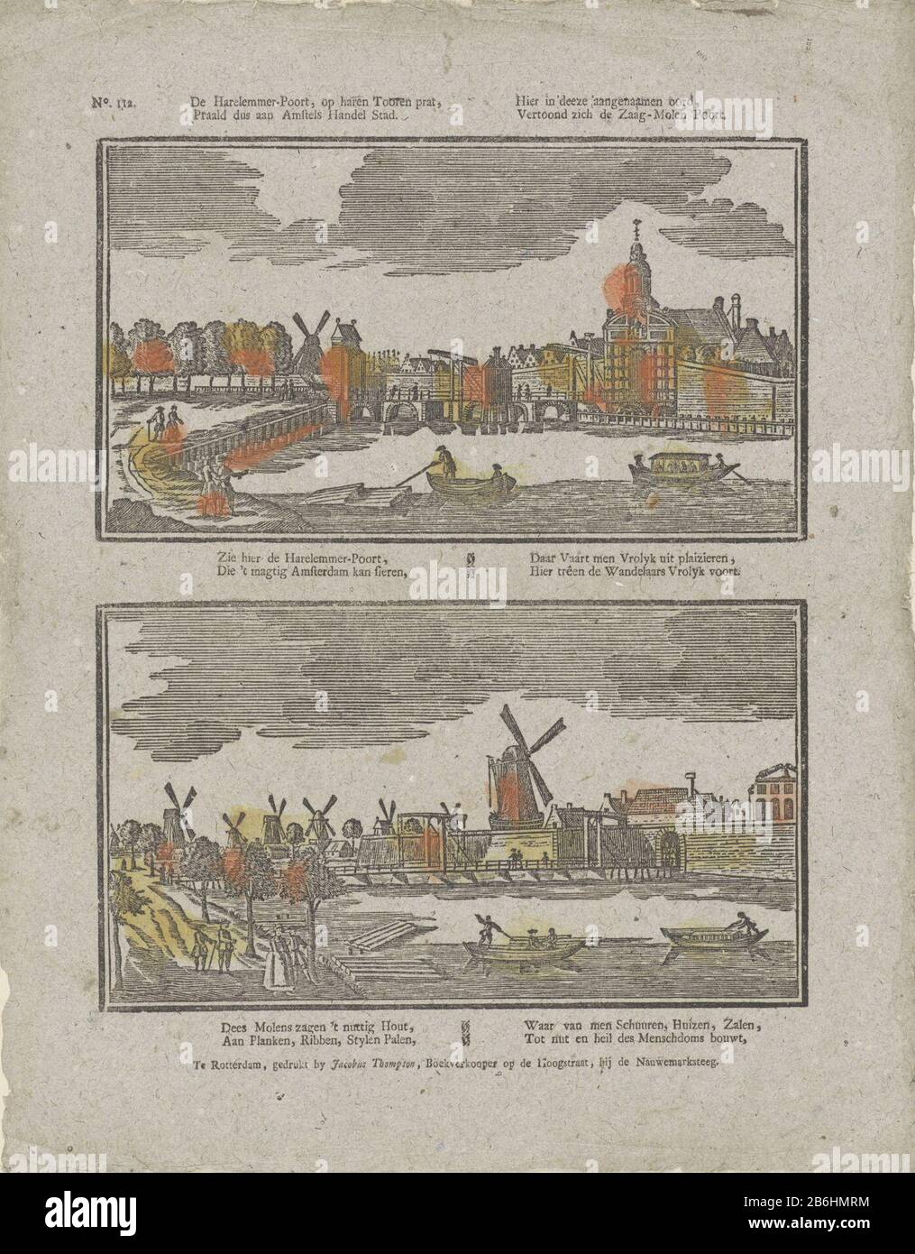 The Hare-port Lemmer, opharen Tooren pride, so to Praald Amstels trading center here in 'thefe' event names called resort, Screened aich the saw-mill gate (title object) Sheet two representations of faces in Amsterdam. Above: view of the Haarlemmerpoort. Below: a view of the saw Molenpoort. Under each picture a four-line fresh in two columns. Numbered top left: No. 112. Manufacturer : publisher: James Thompson (indicated on object) print maker: anonymous location manufacture: publisher: Rotterdam Print Author: The Netherlands Date: 1791 - 1812 Physical characteristics: wood block colored in ye Stock Photo