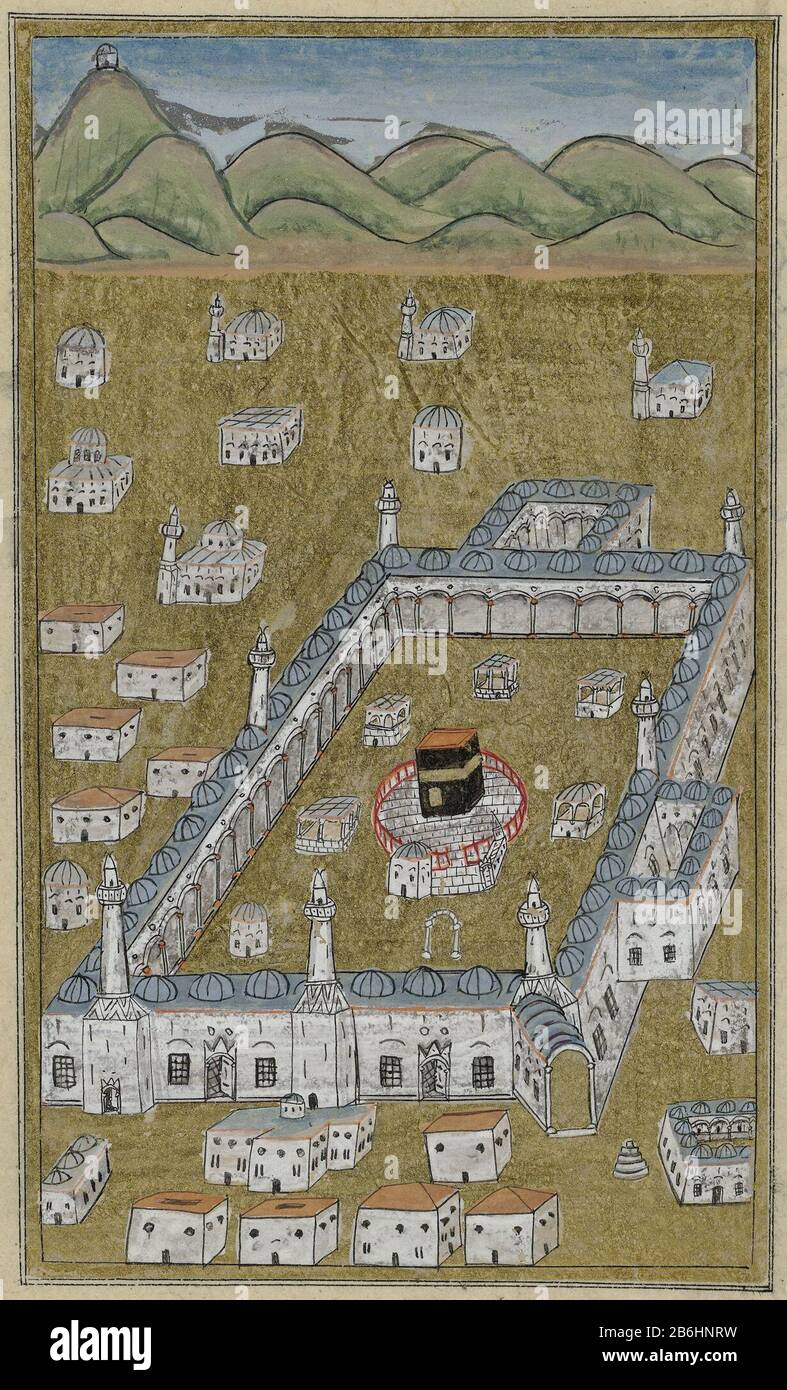 The Kaaba, bird's eye view The Kaaba, in a nutshell given object type: Persian miniature drawing Item number: AK-MAK 1543 Inscriptions / Brands: inscription verso: Indian script description: Against a gold surface is a white palace and a mosque with a walled courtyard where are all kinds of separate structures, in the middle a dark square on a round structure, enclosed courtyard, the outer wall has 6 towers and outside of the wall are a pair of housing scattered here and there, on the horizon green hills. The performance is framed by thin border lines in black, colored with gold and at some di Stock Photo