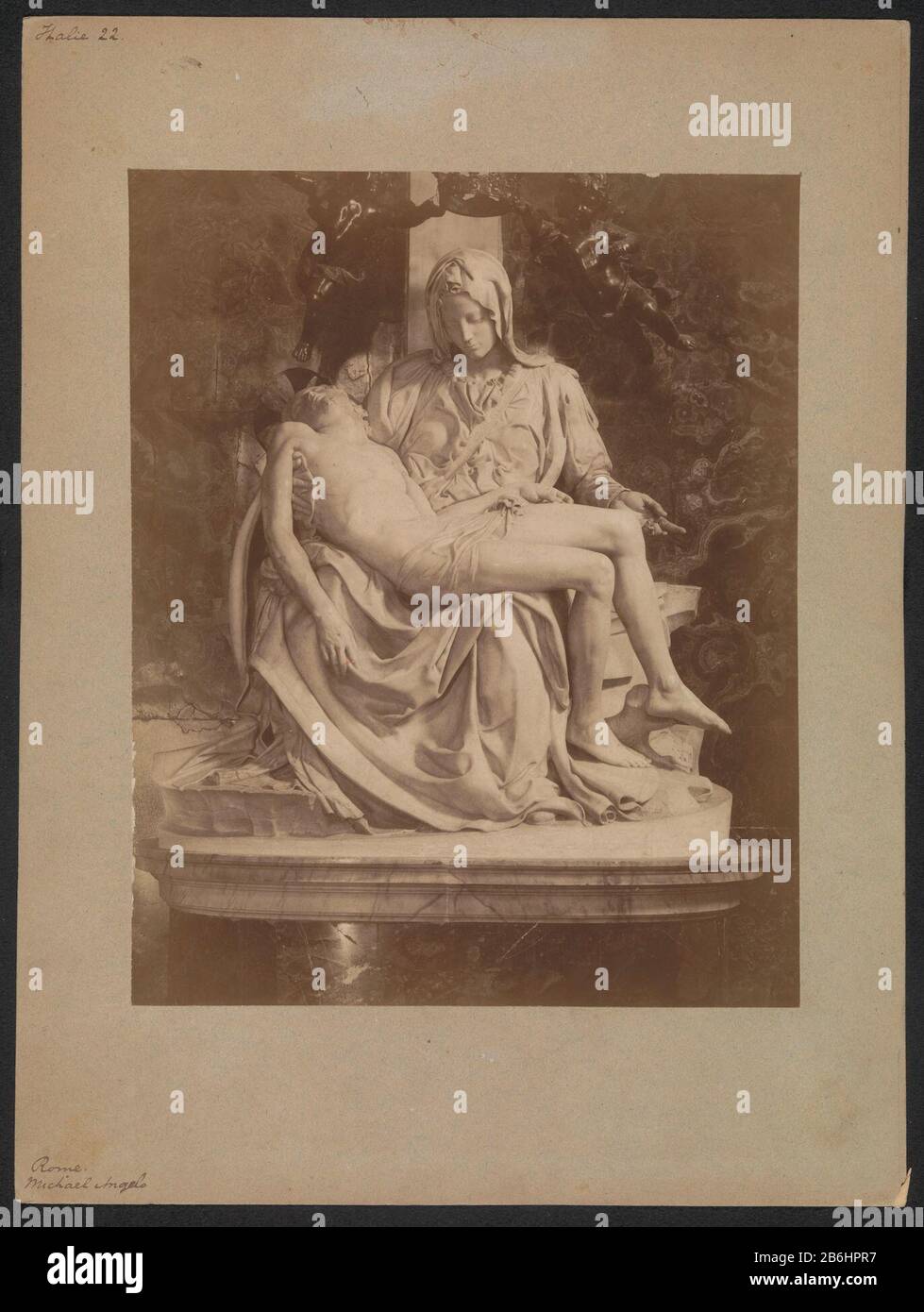 The Pietà by Michelangelo in Rome Property Type: photographs Item number: RP-F 00-9576 Inscriptions / Brands: annotation, recto, handwritten: 'Italy 22.'annotatie, recto handwritten' Rome./ Michaelangelo 'annotation, verso, handwritten in pencil: 'Pieta / Michel Angelo.' collector's mark , verso, stamped:' AUSTRIAN NORMAL SCHOOL for T [omen TEACHERS] AMSTERD [AM] Manufacture Creator: photographer: anonymous place manufacture: St. Peter's Basilica Date: 1850 - 1900 Material: photo paper, cardboard Technique: albumin pressure dimensions: paperboard: h 345 mm × W 259 mm Subject: sculpturethe dead Stock Photo