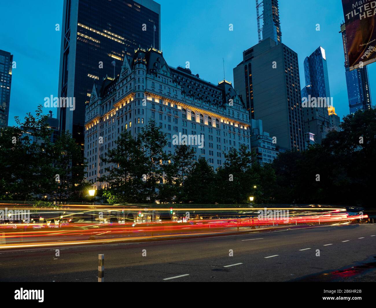 Light Streaks and the Plaza Hotel, New York City Stock Photo